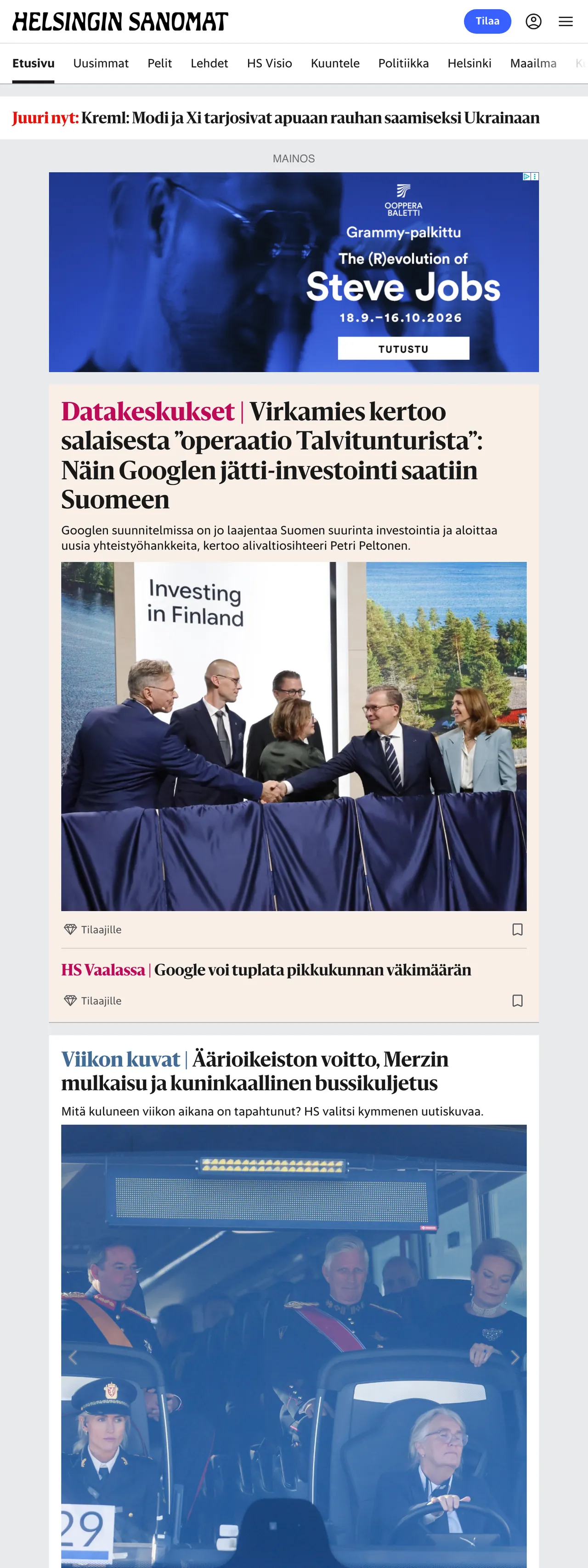 Screenshot of the Helsingin Sanomat front page