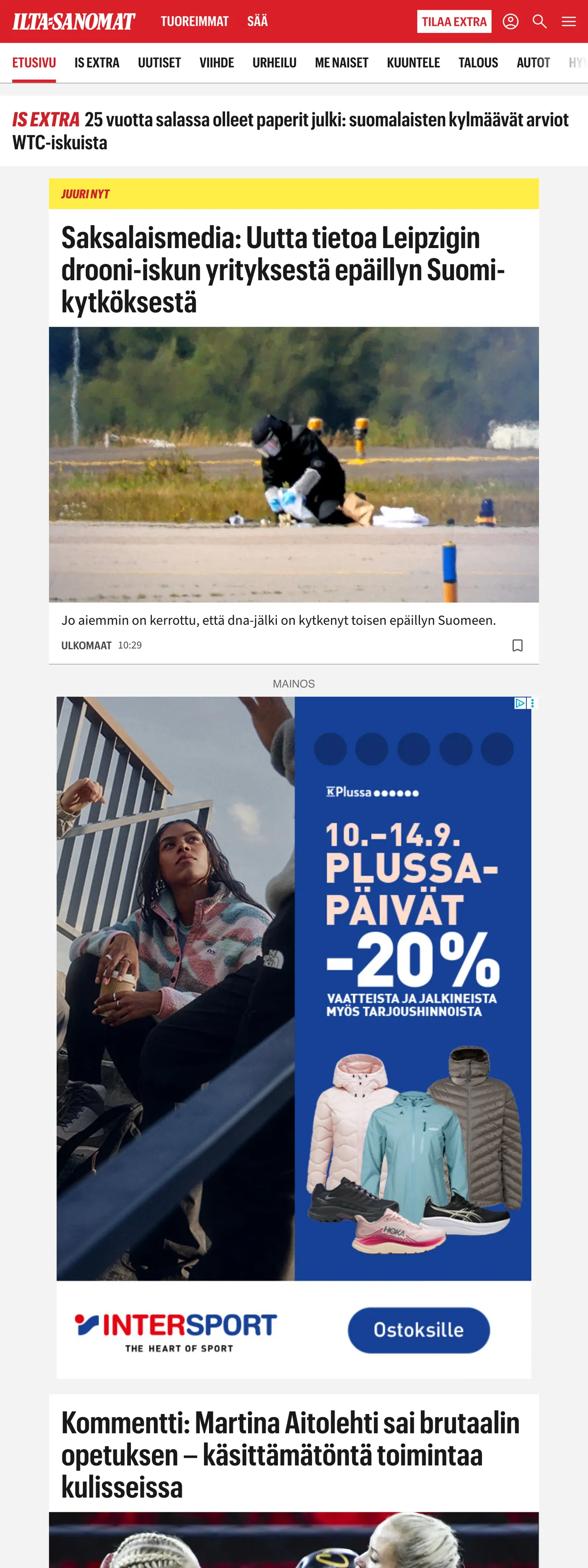 Screenshot of the Ilta-Sanomat front page