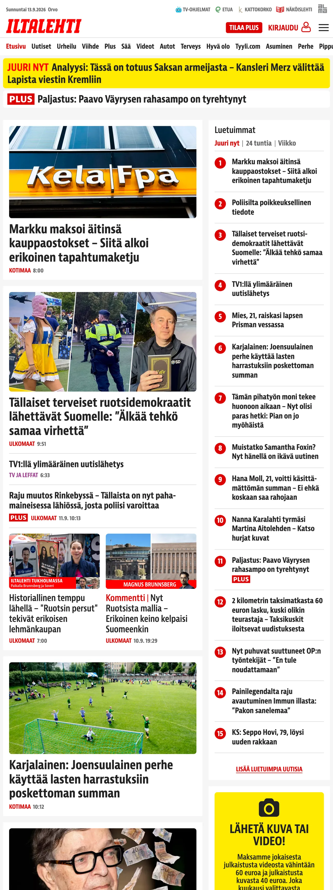 Screenshot of the Iltalehti front page