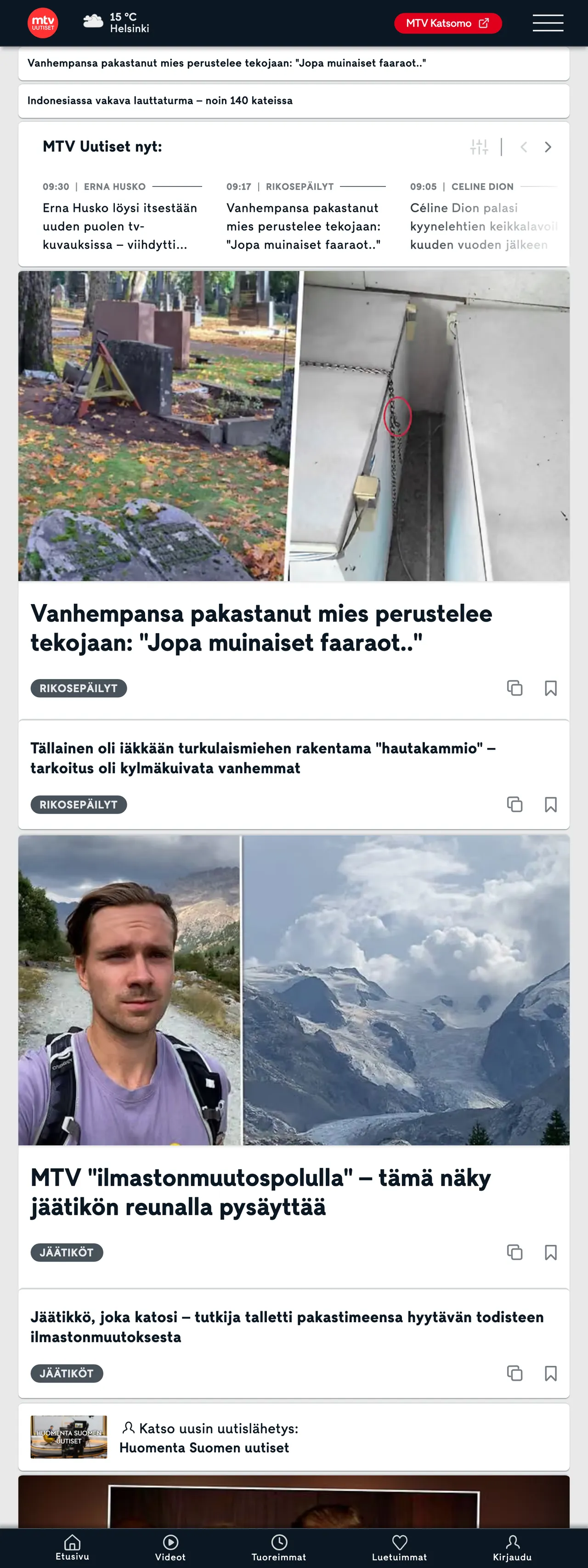 Screenshot of the MTV Uutiset front page