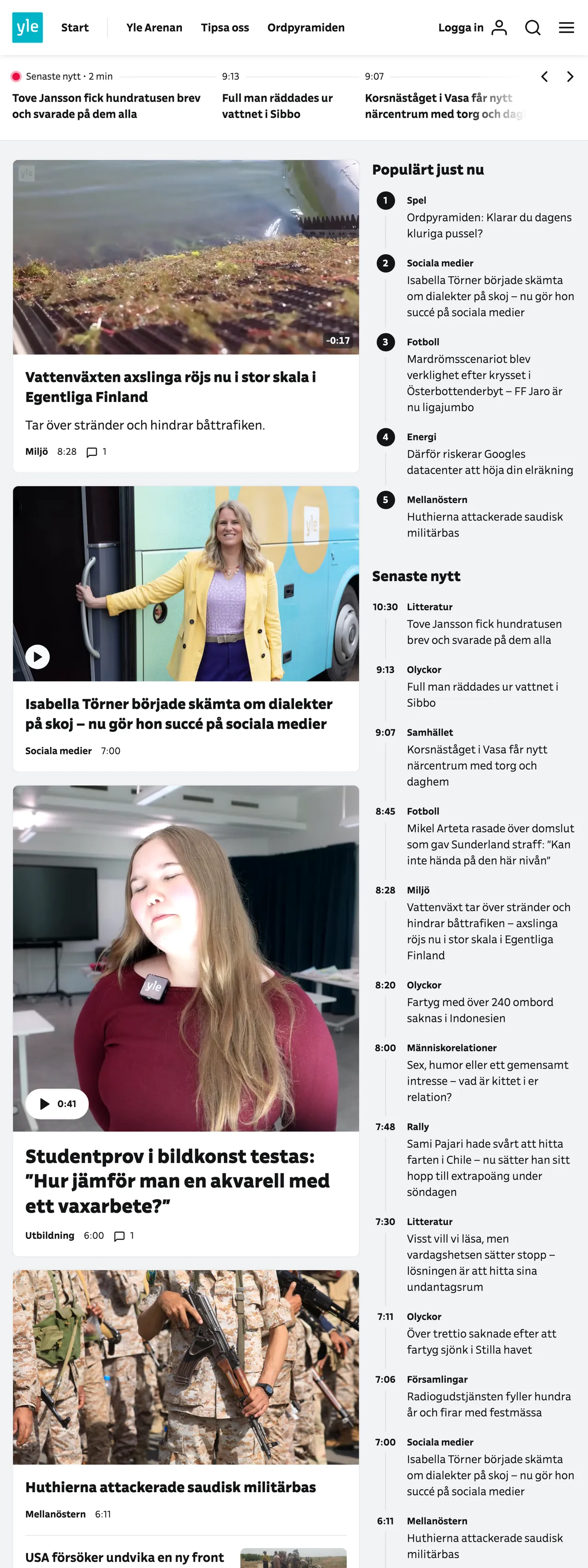 Screenshot of the Svenska Yle front page