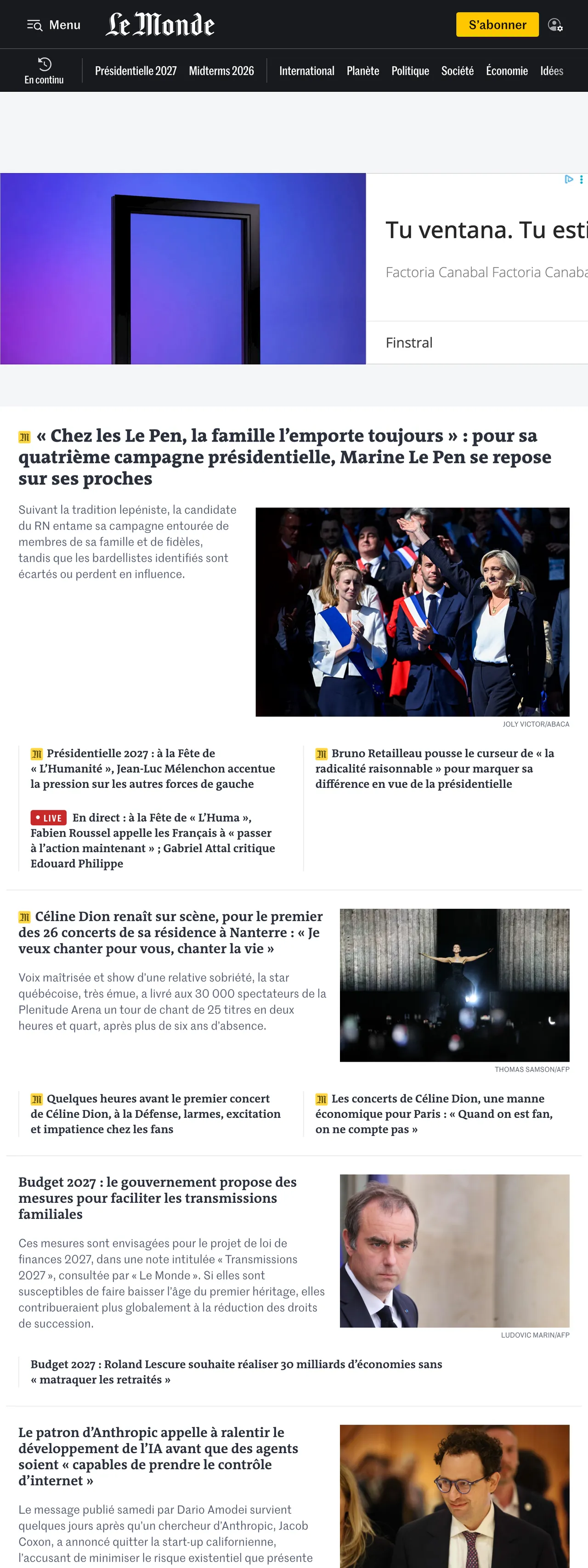 Screenshot of the Le Monde front page