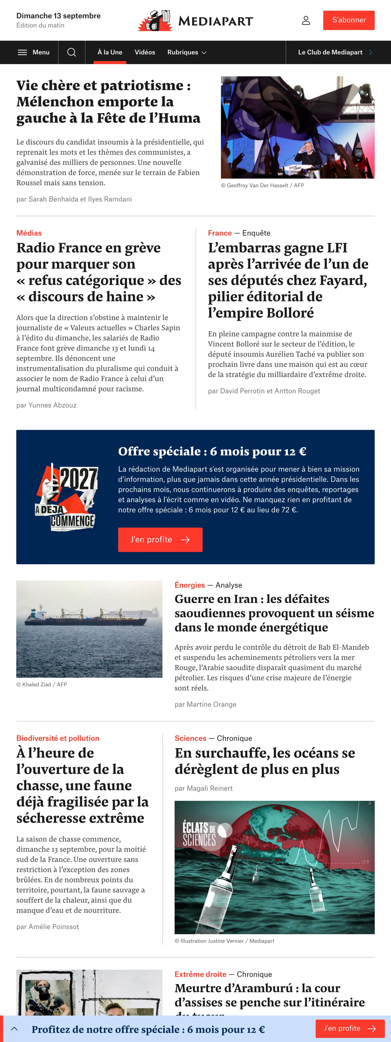 Screenshot of the Mediapart front page
