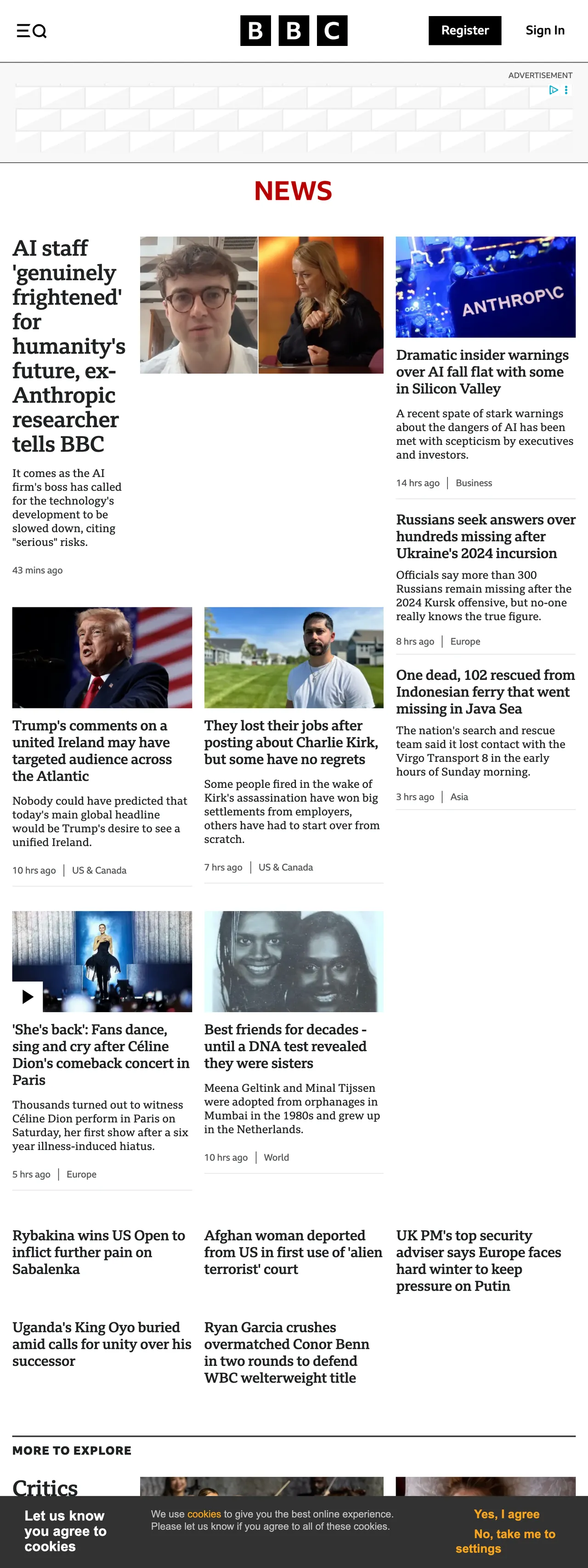 Screenshot of the BBC News front page