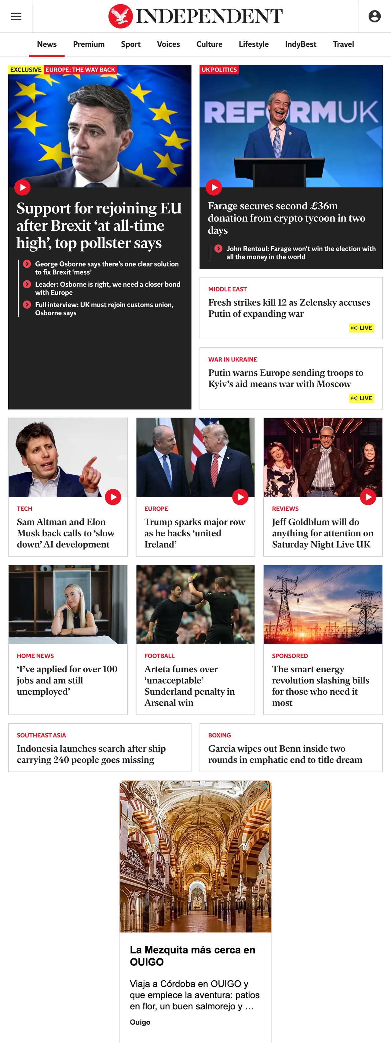 Screenshot of the The Independent front page