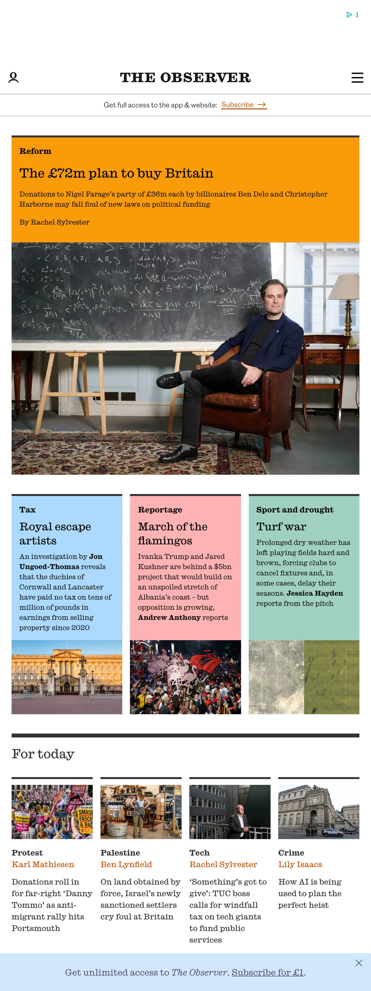 Screenshot of the The Observer front page