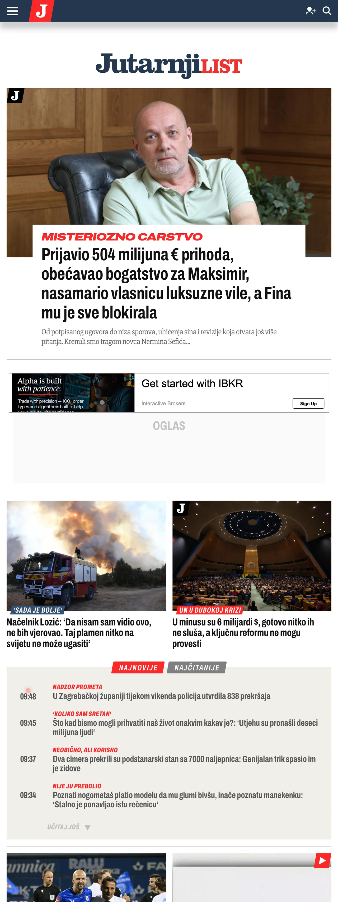 Screenshot of the Jutarnji list front page