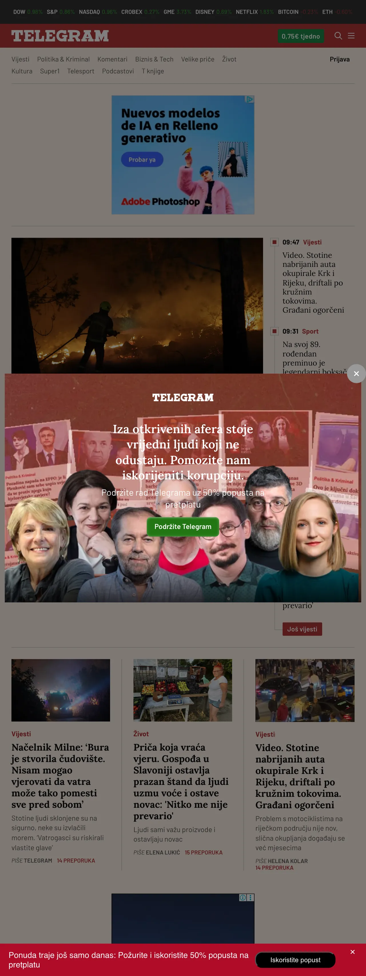Screenshot of the Telegram.hr front page