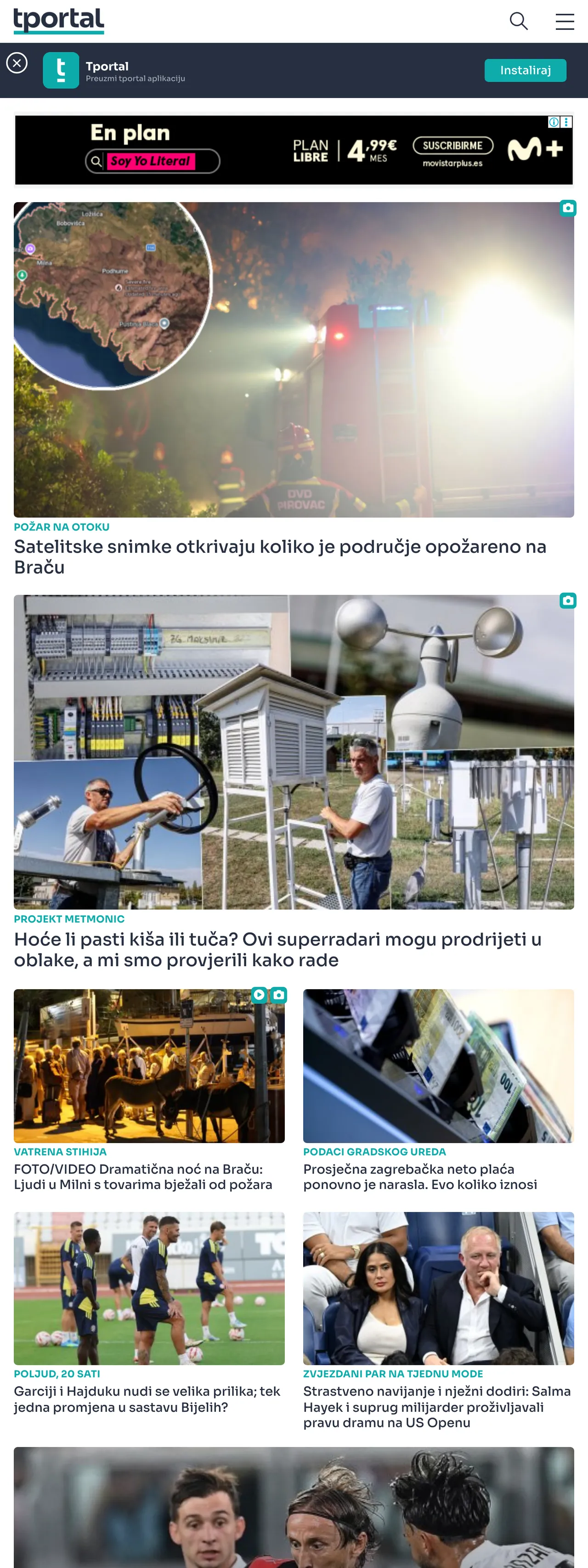 Screenshot of the tportal front page