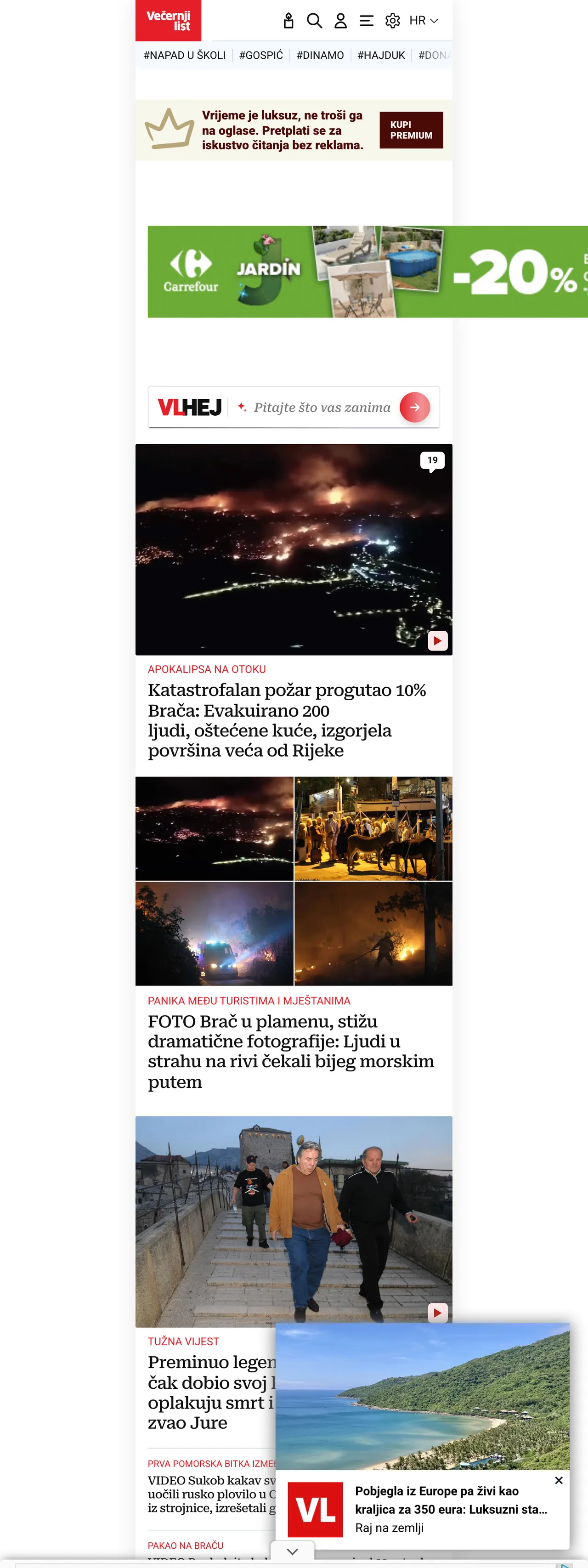 Screenshot of the Večernji list front page