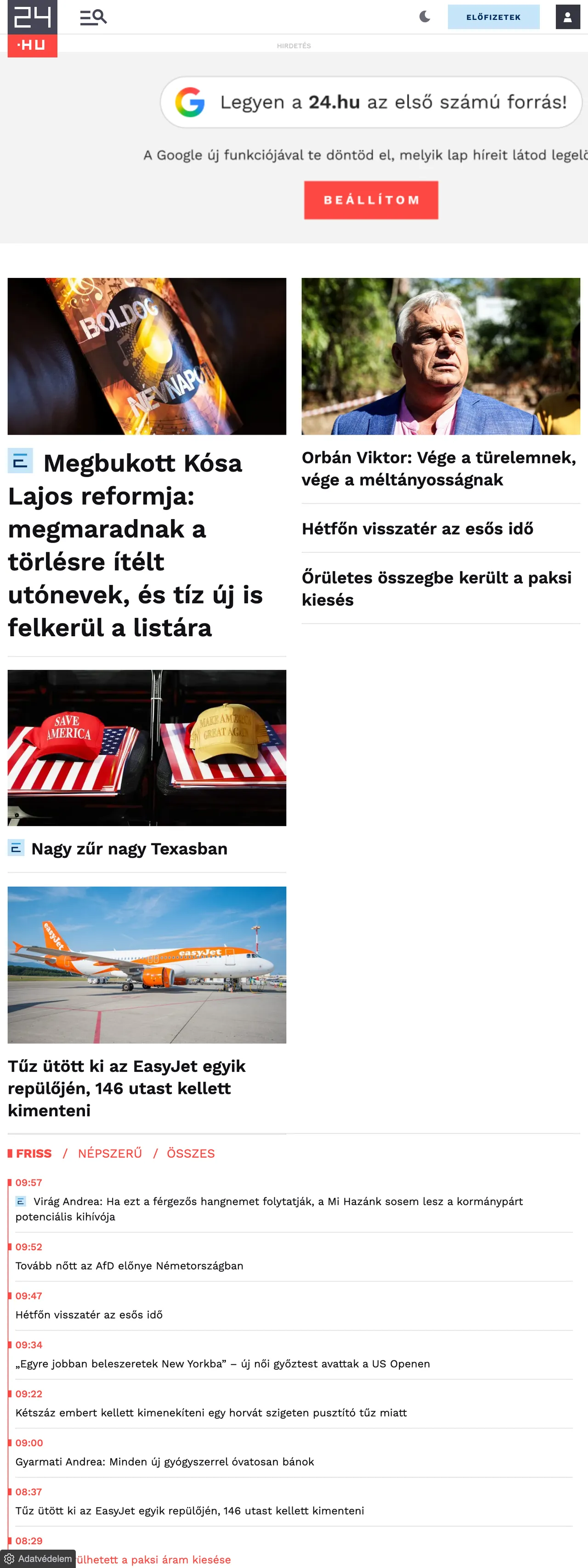 Screenshot of the 24.hu front page