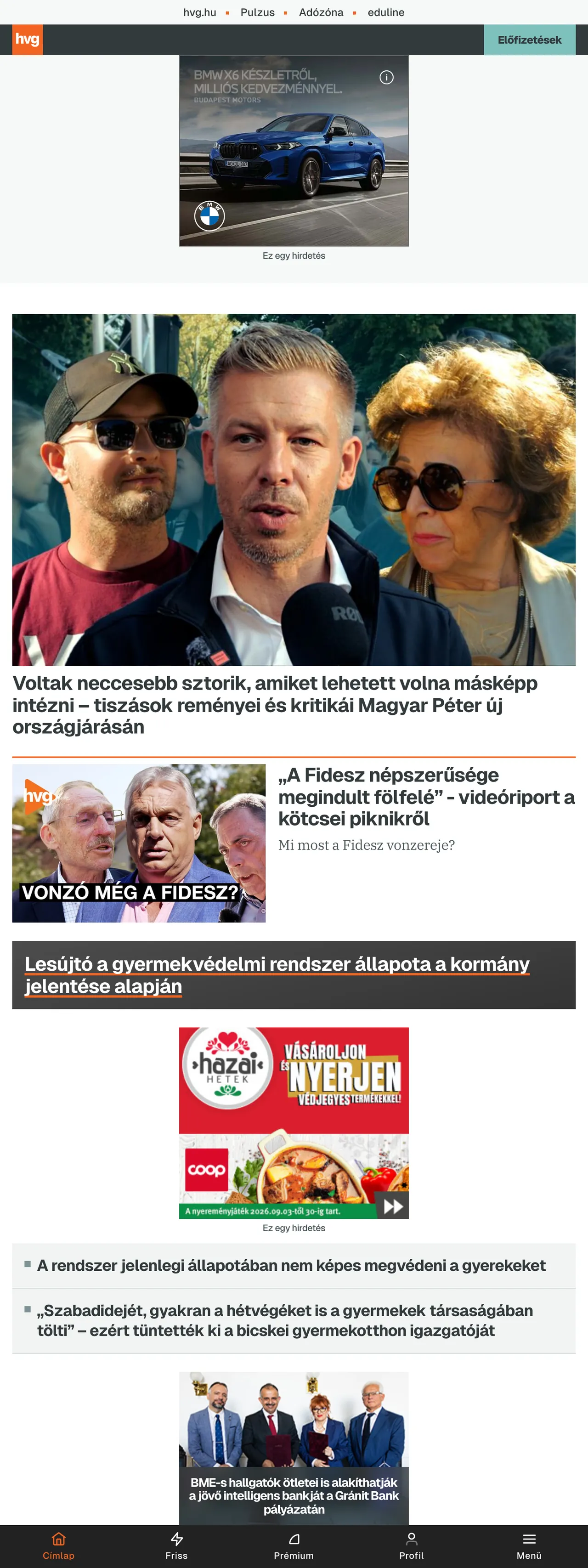 Screenshot of the HVG front page