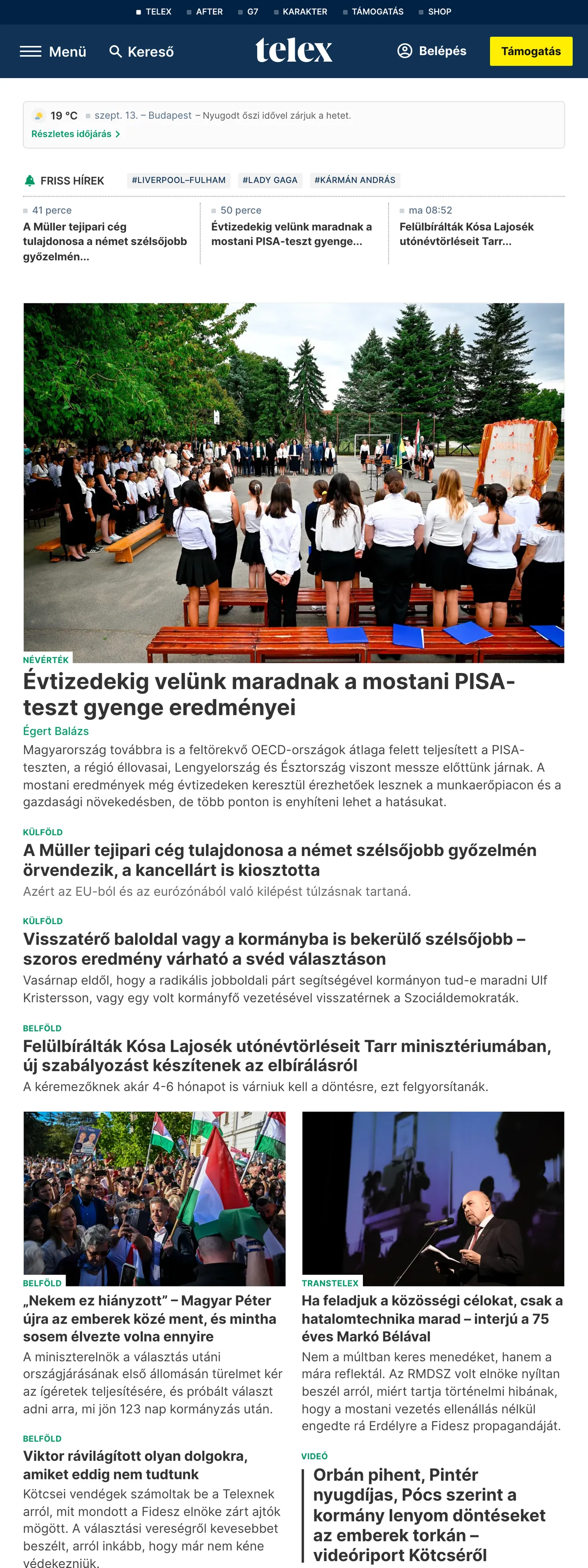 Screenshot of the Telex front page