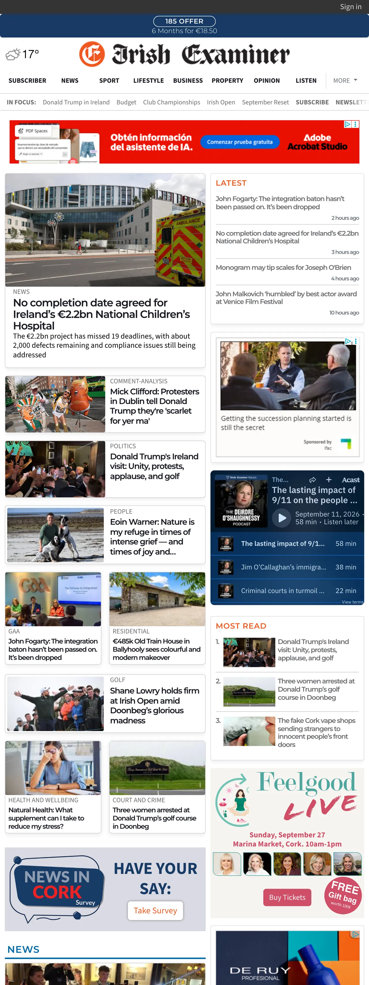 Screenshot of the Irish Examiner front page