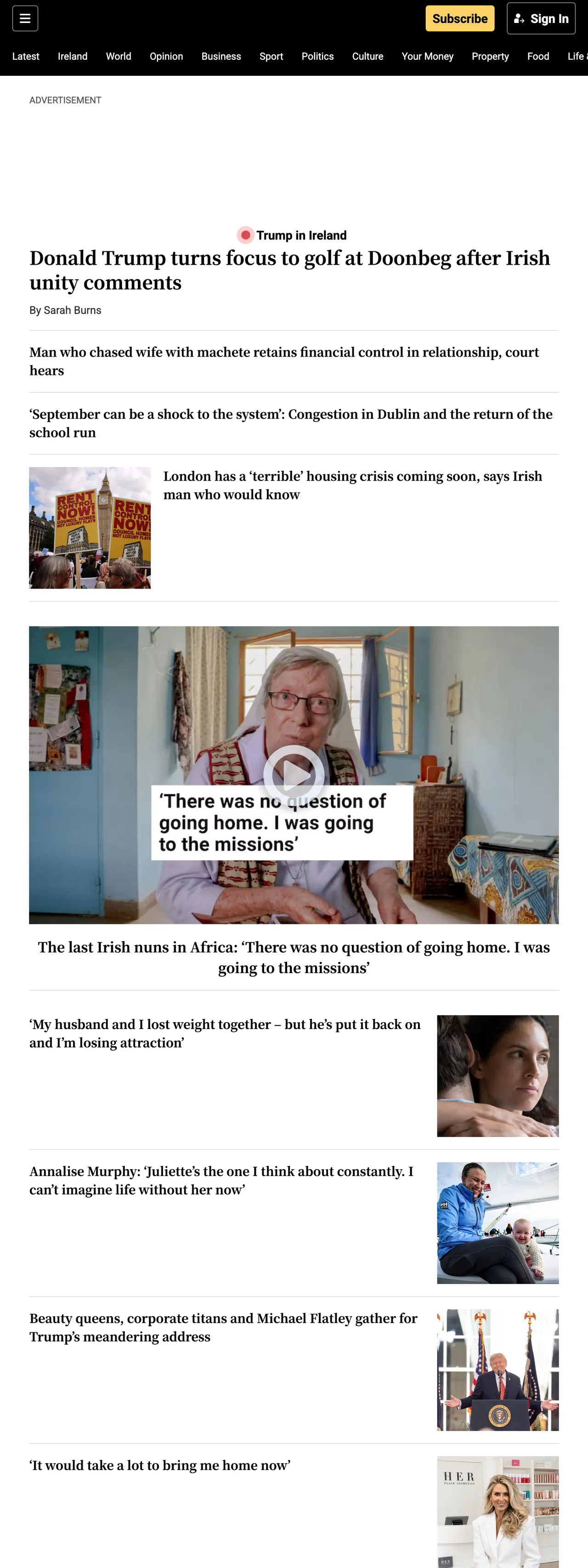 Screenshot of the The Irish Times front page