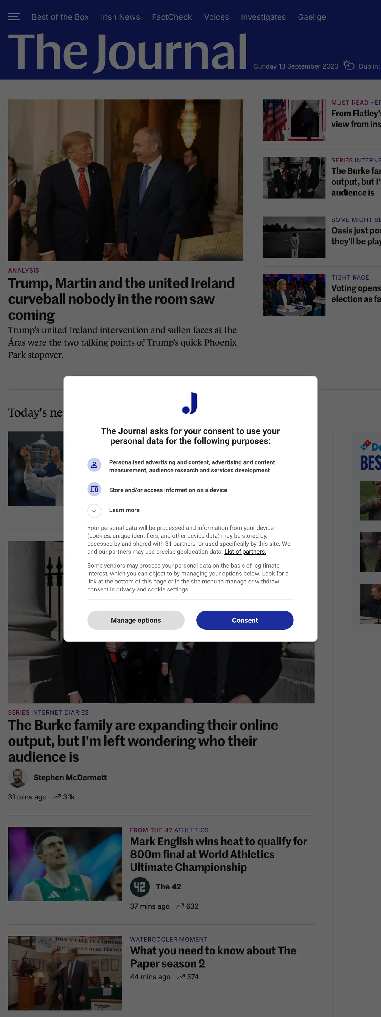 Screenshot of the TheJournal.ie front page