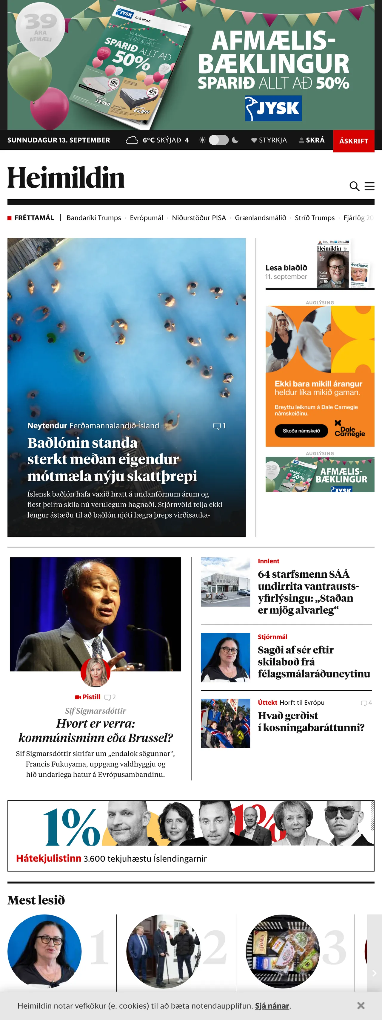 Screenshot of the Heimildin front page