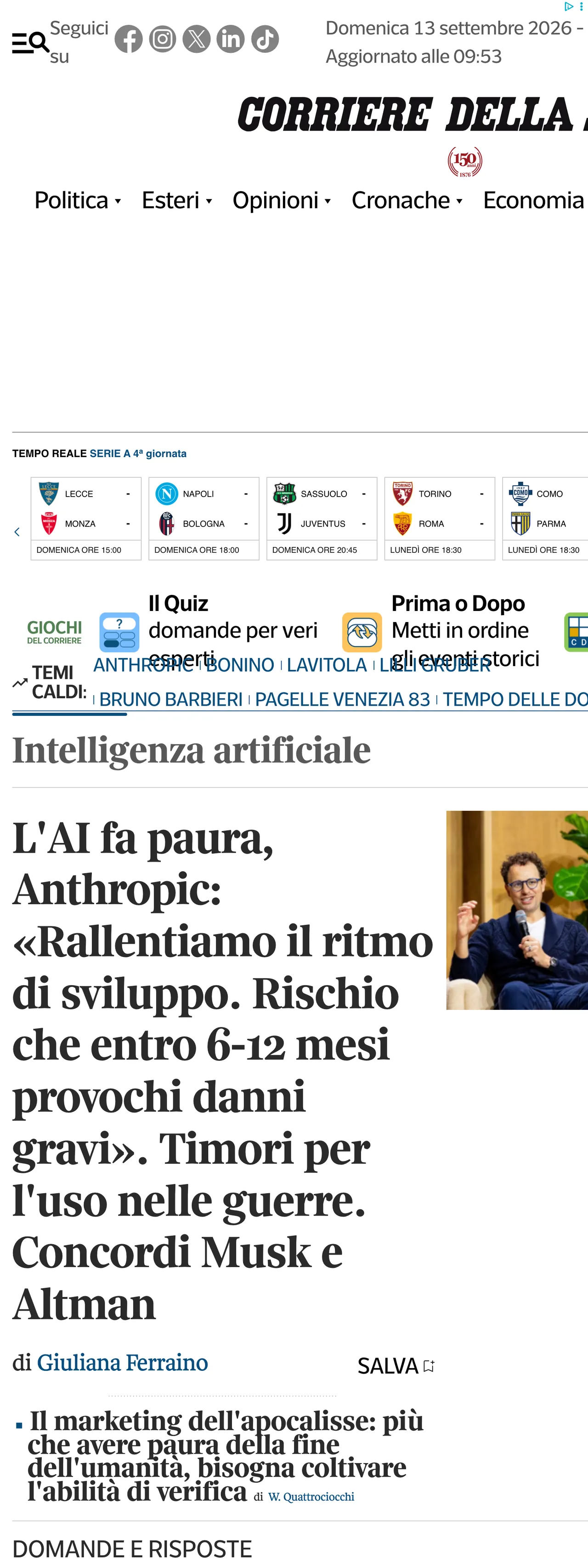 Screenshot of the Corriere della Sera front page