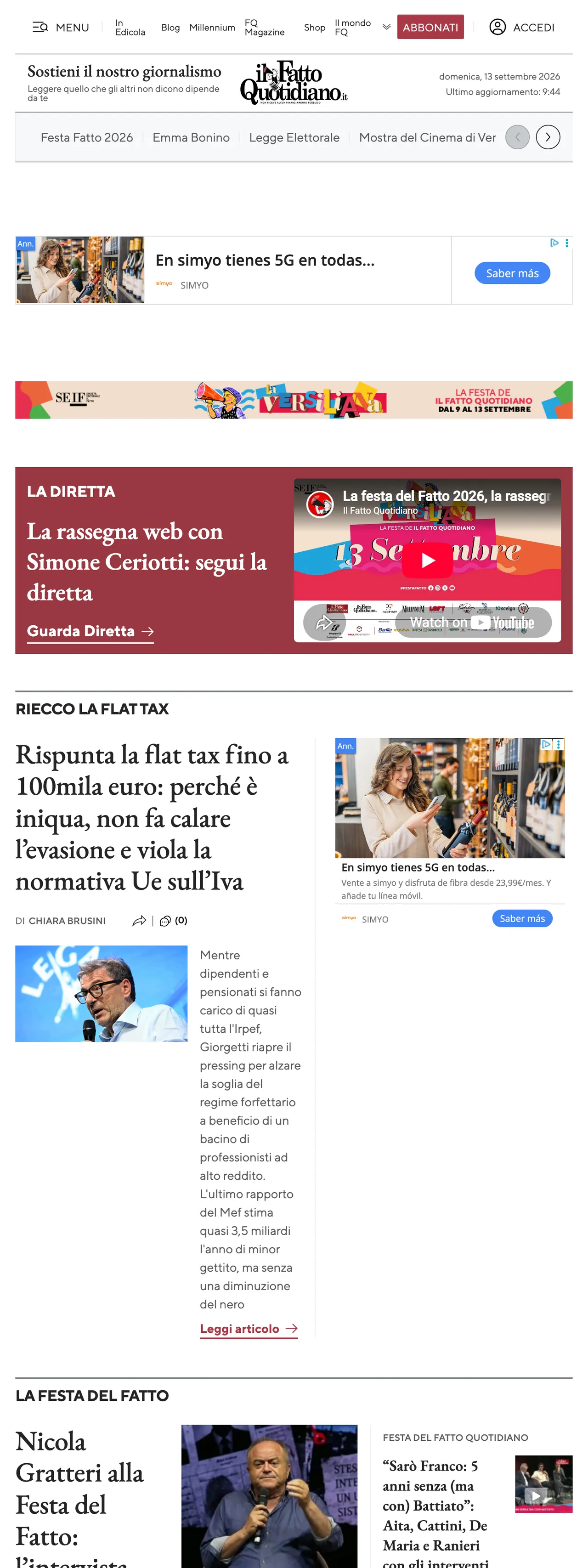 Screenshot of the Il Fatto Quotidiano front page