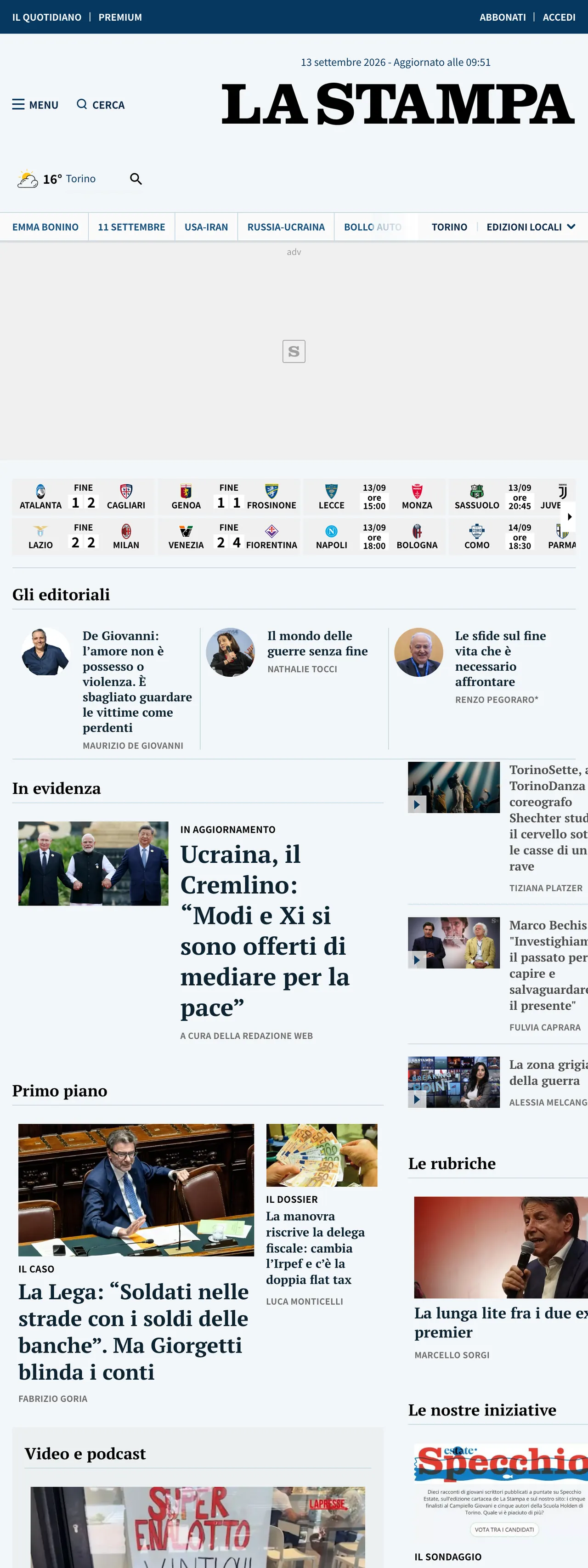 Screenshot of the La Stampa front page