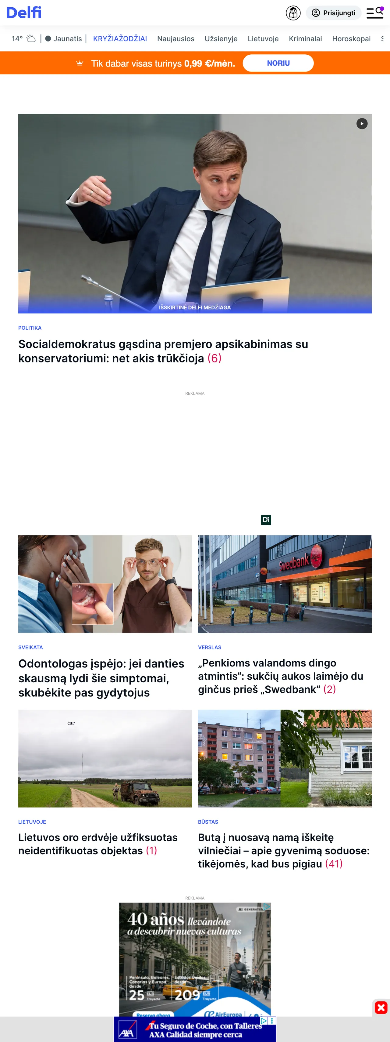 Screenshot of the Delfi front page