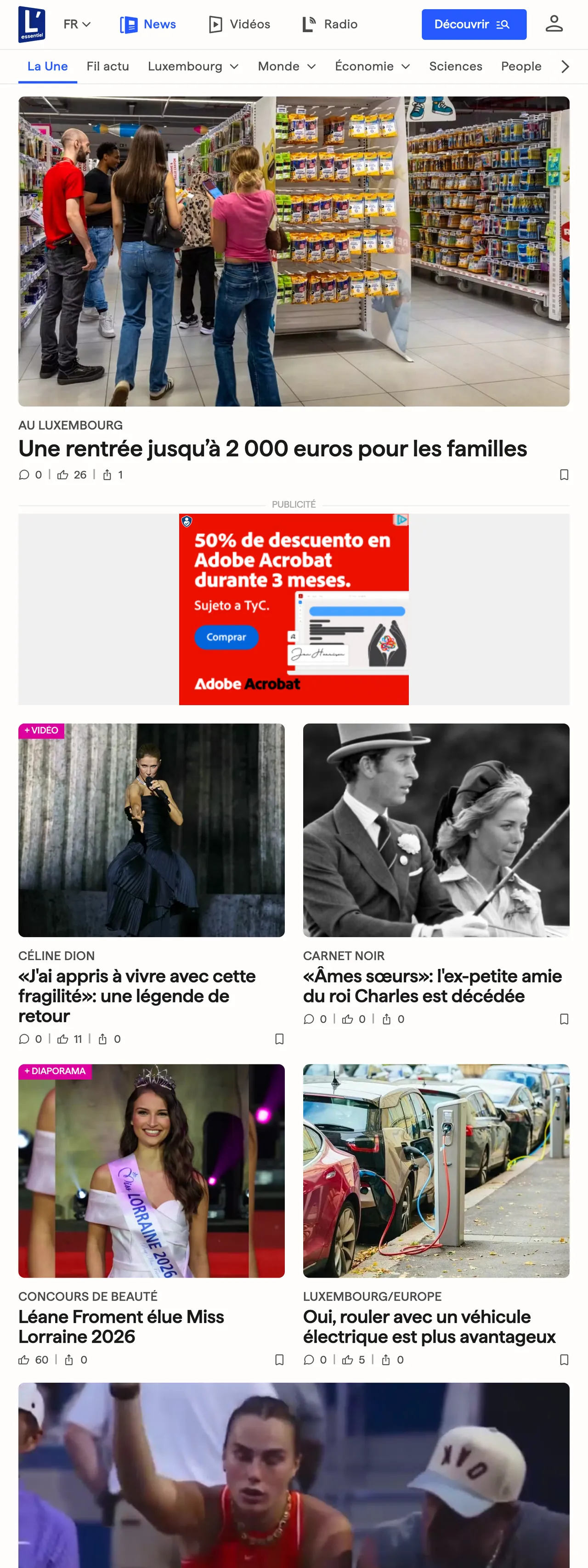 Screenshot of the L'essentiel front page