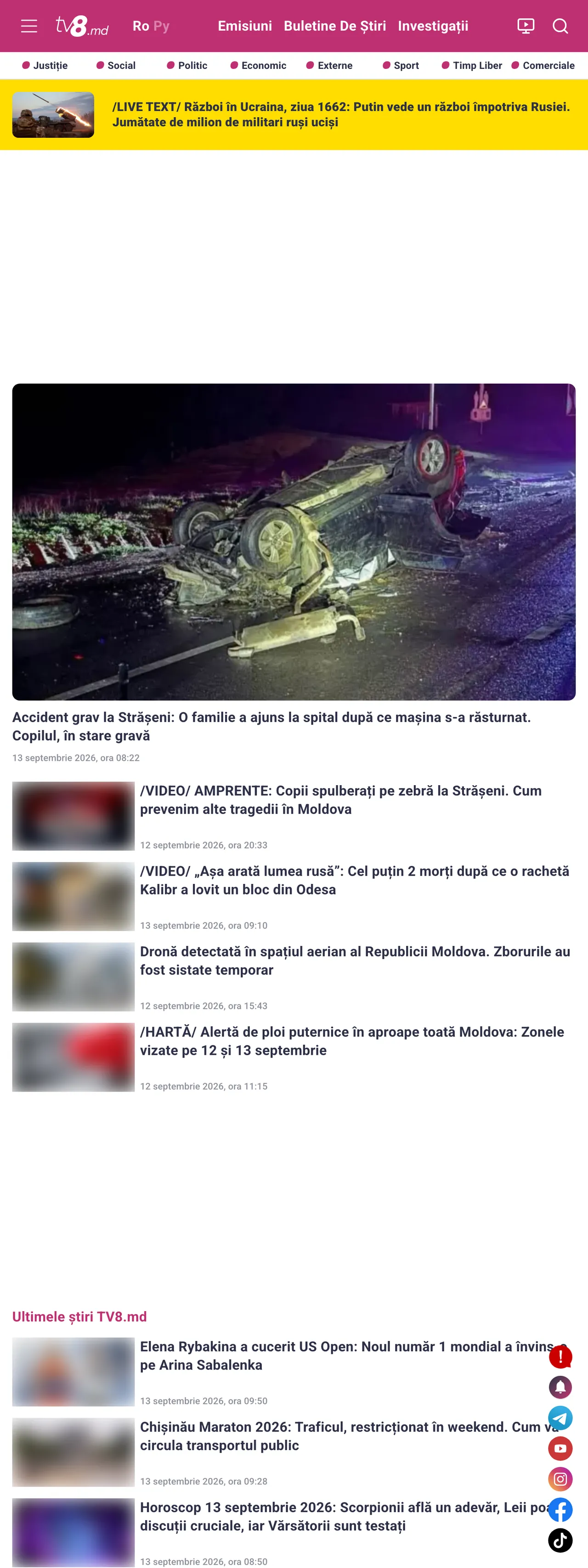 Screenshot of the TV8 front page