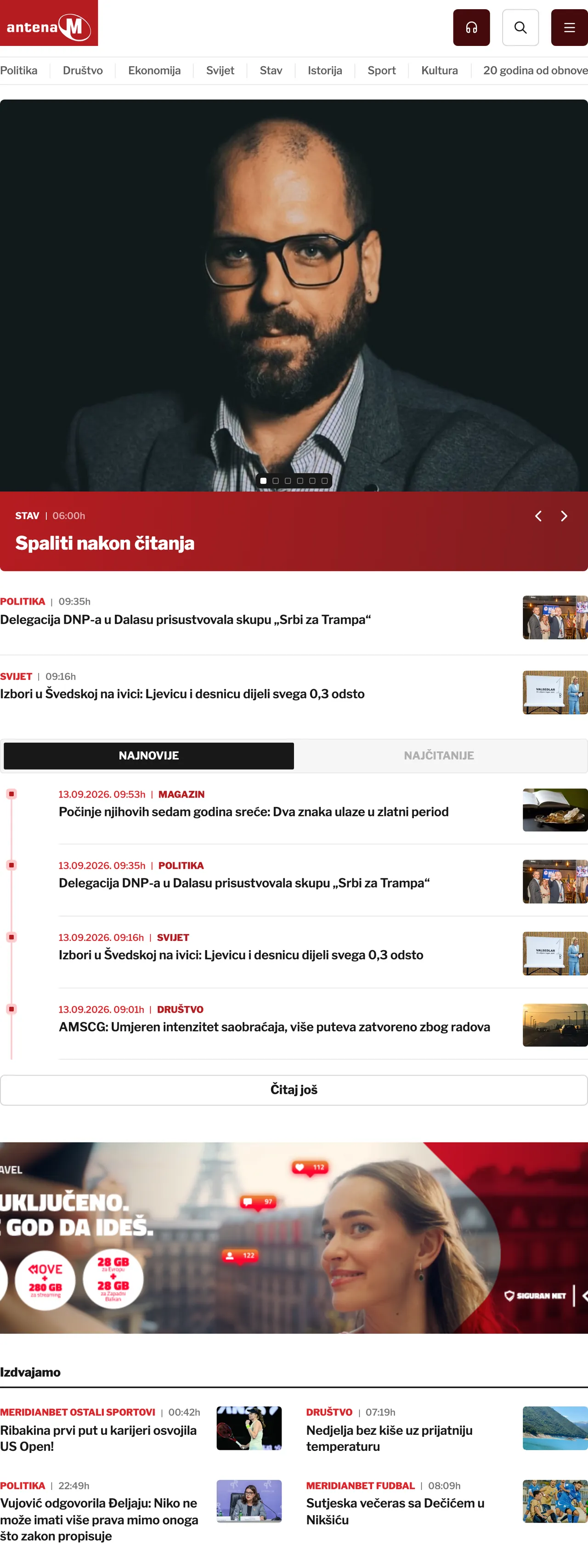 Screenshot of the Antena M front page