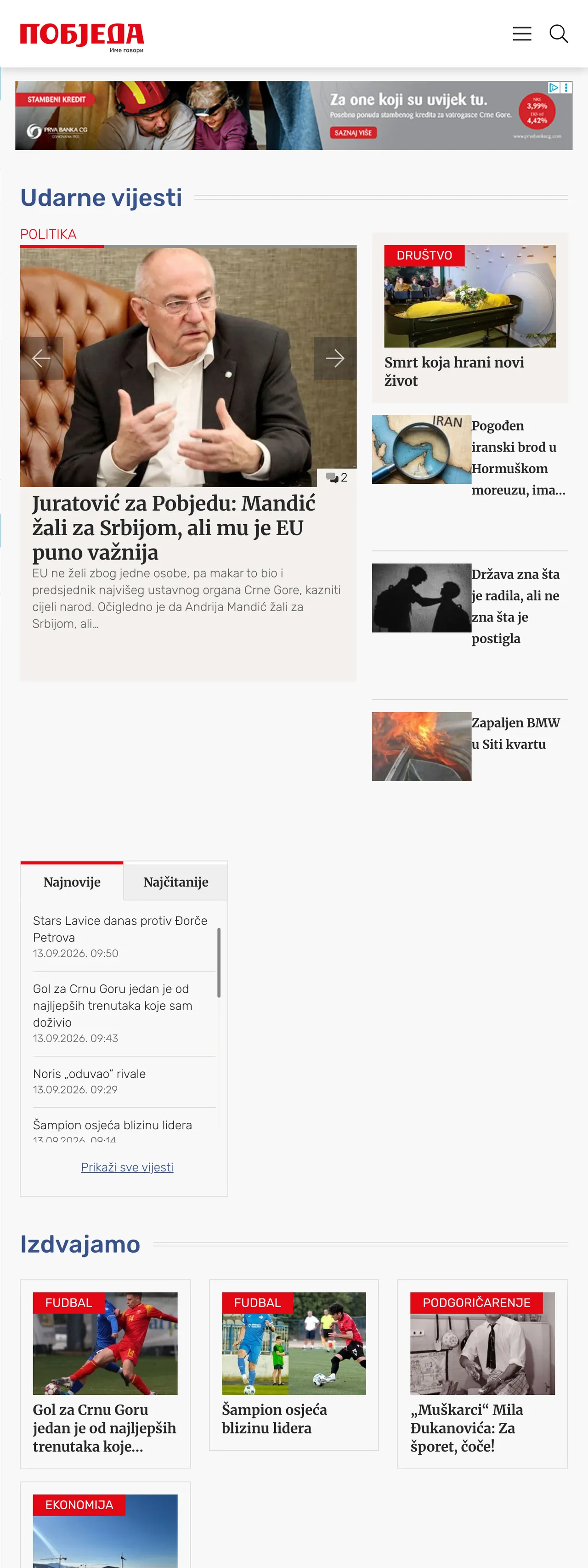 Screenshot of the Pobjeda front page