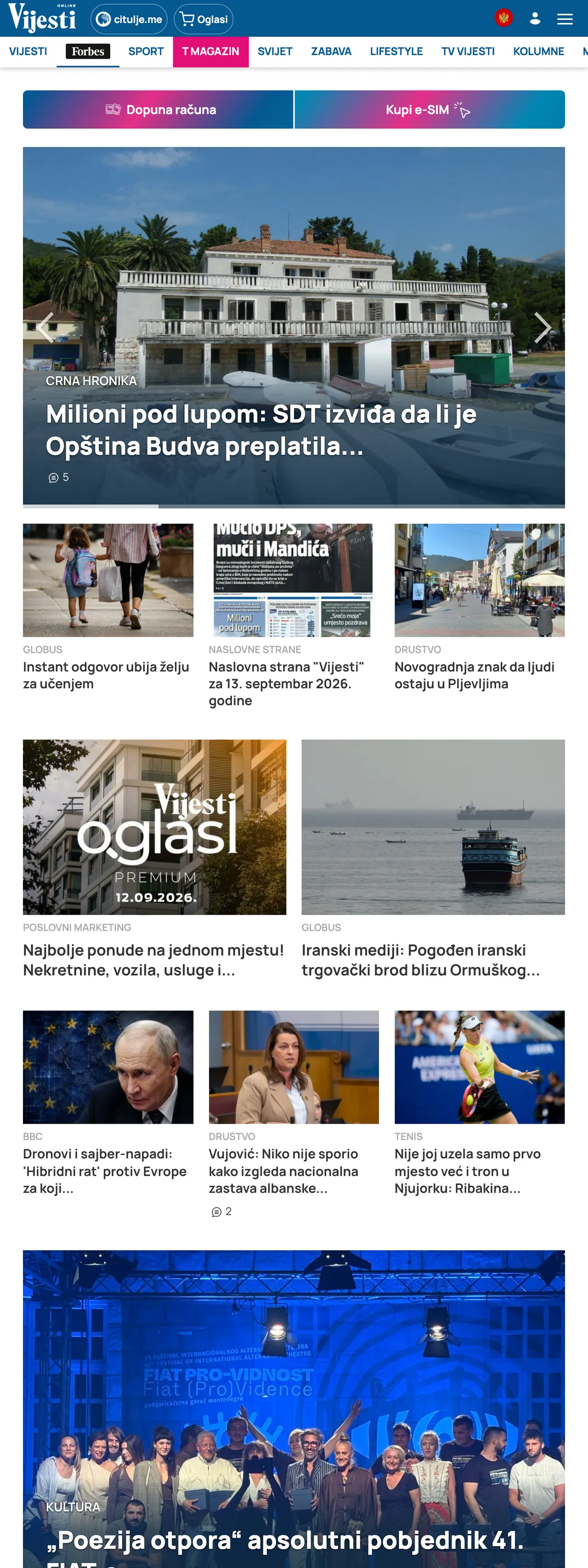 Screenshot of the Vijesti front page
