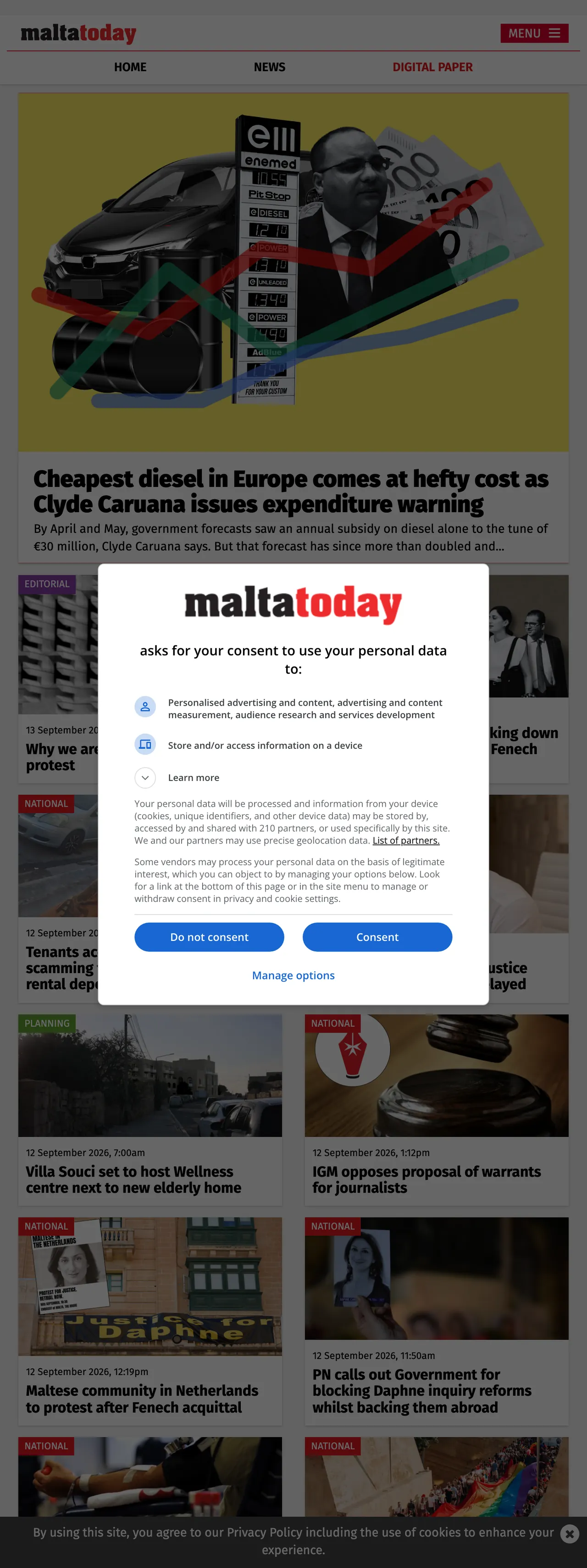 Screenshot of the Malta Today front page