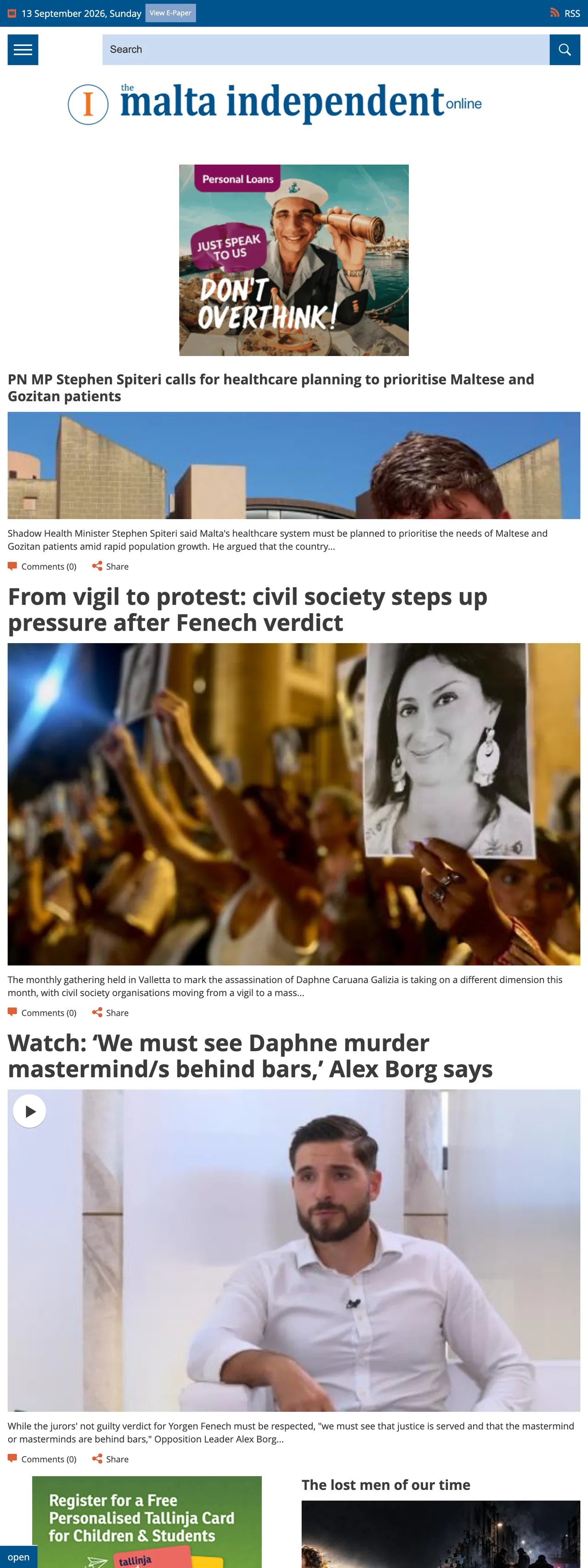 Screenshot of the The Malta Independent front page