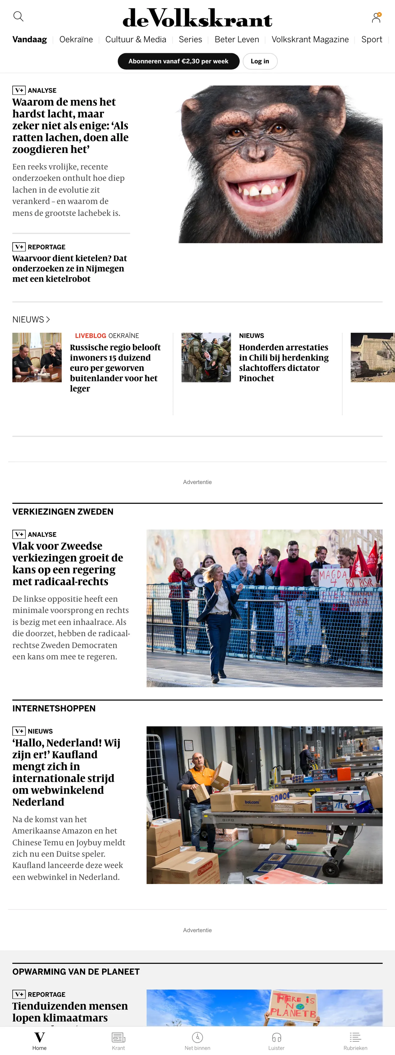Screenshot of the de Volkskrant front page