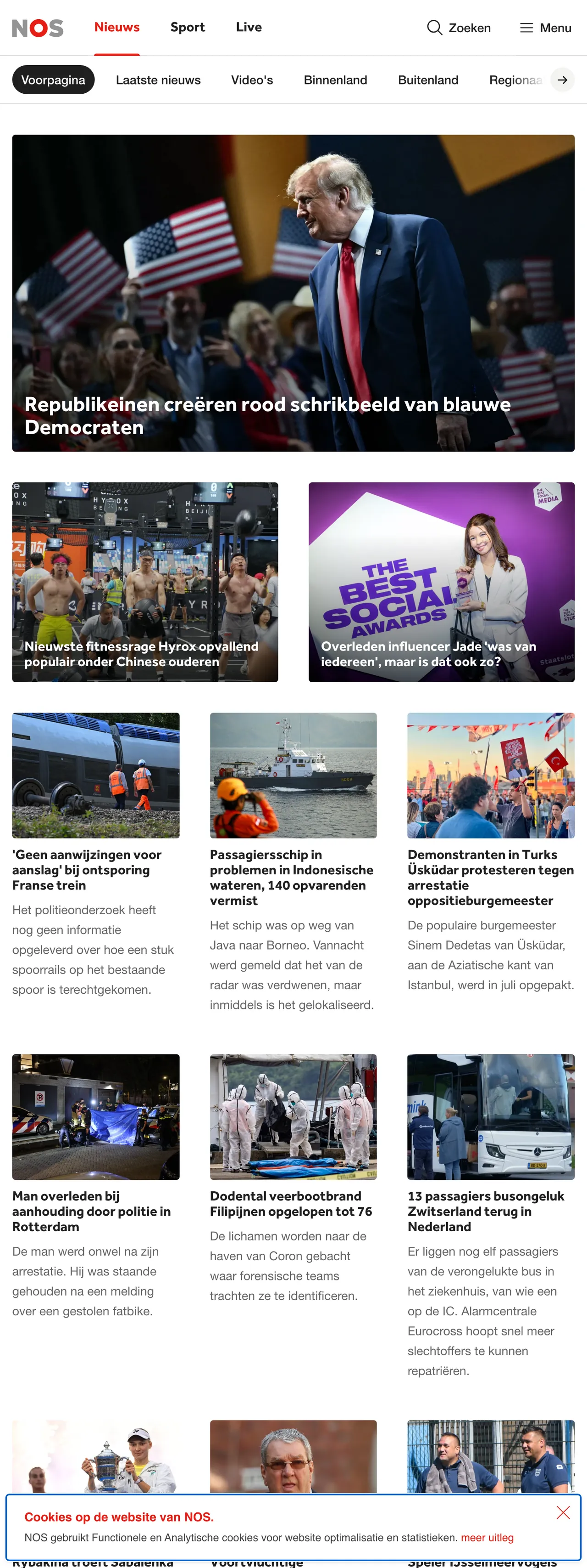 Screenshot of the NOS front page