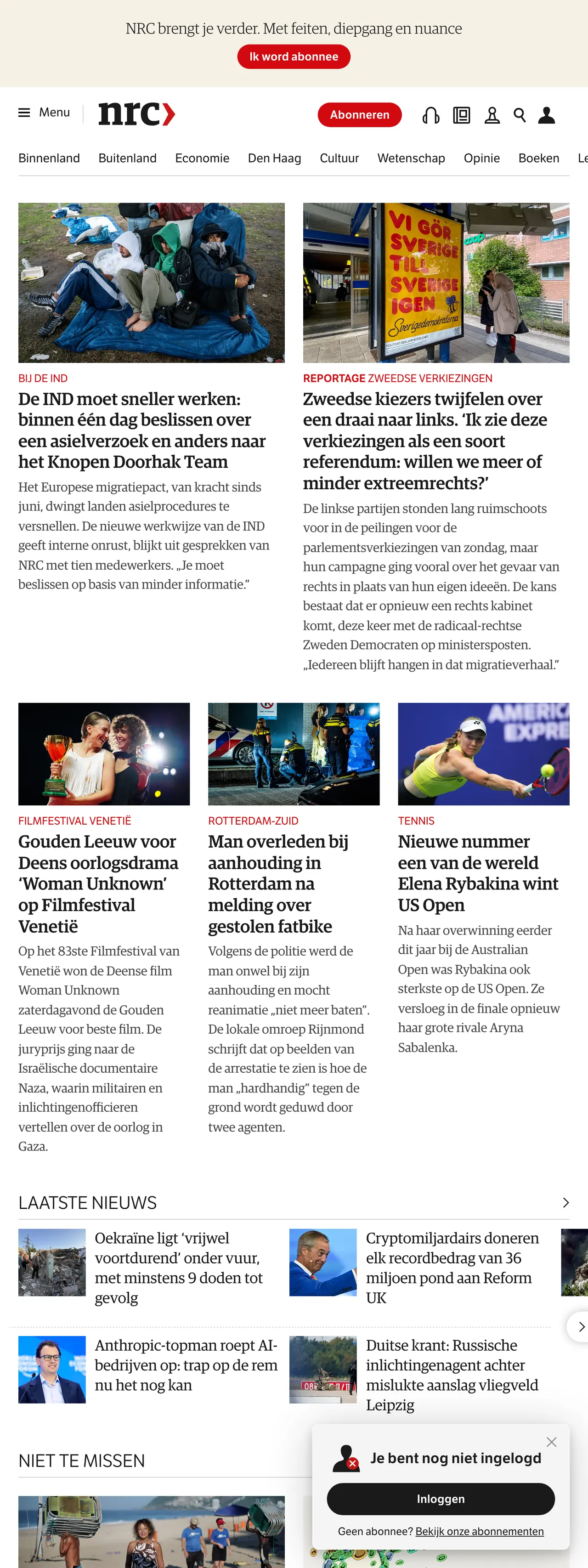 Screenshot of the NRC front page