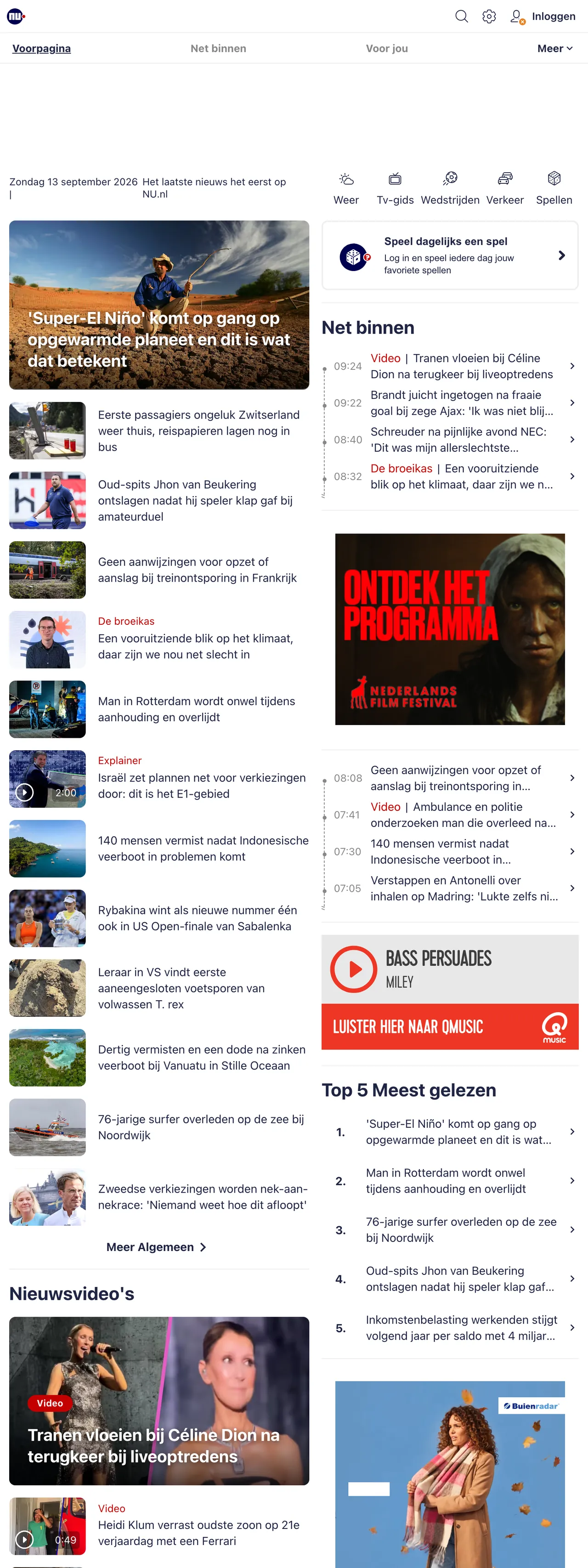 Screenshot of the NU.nl front page