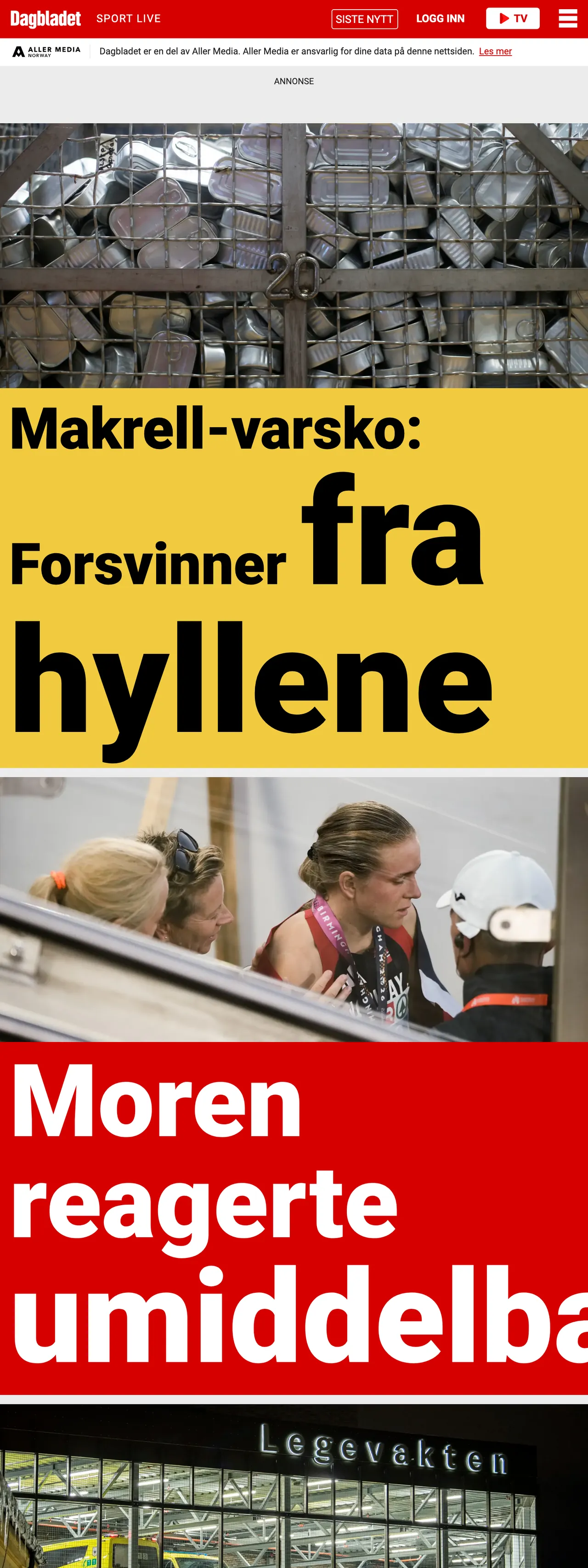 Screenshot of the Dagbladet front page