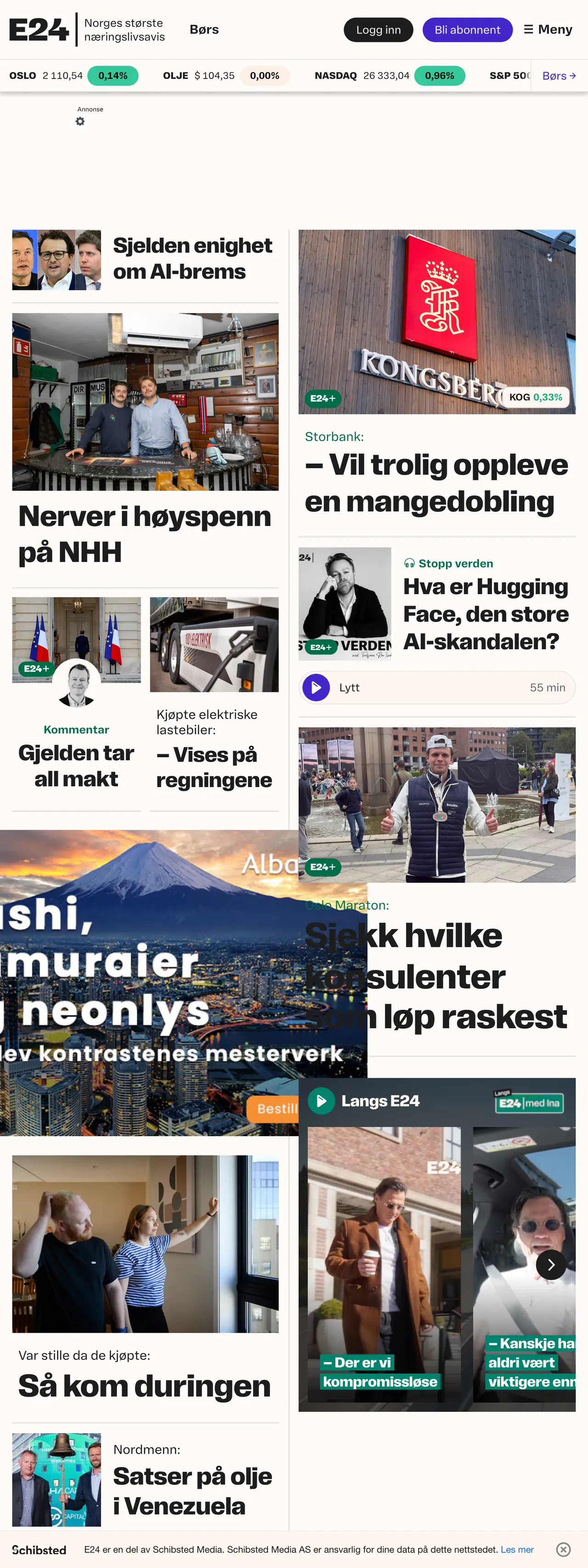 Screenshot of the E24 front page