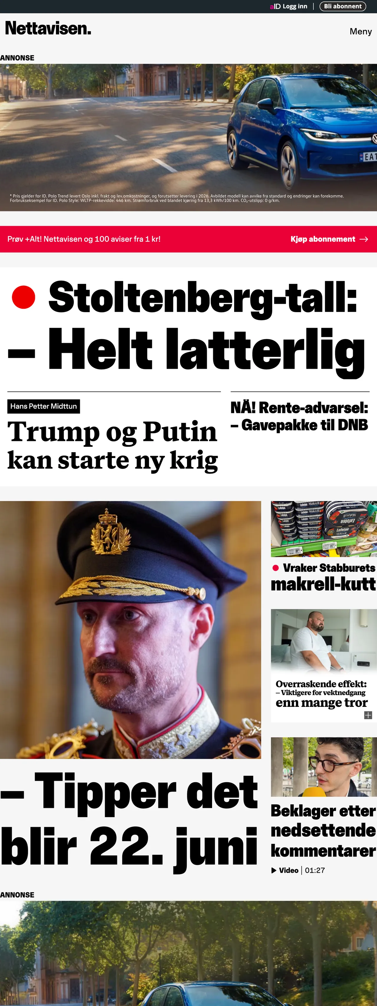 Screenshot of the Nettavisen front page