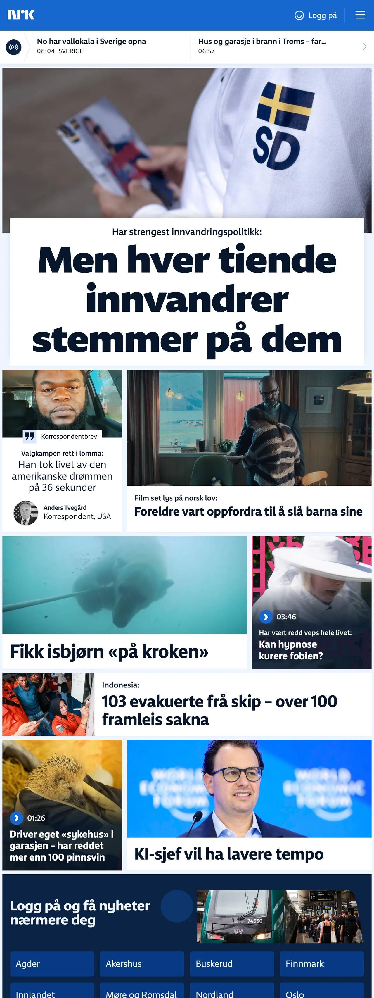 Screenshot of the NRK front page