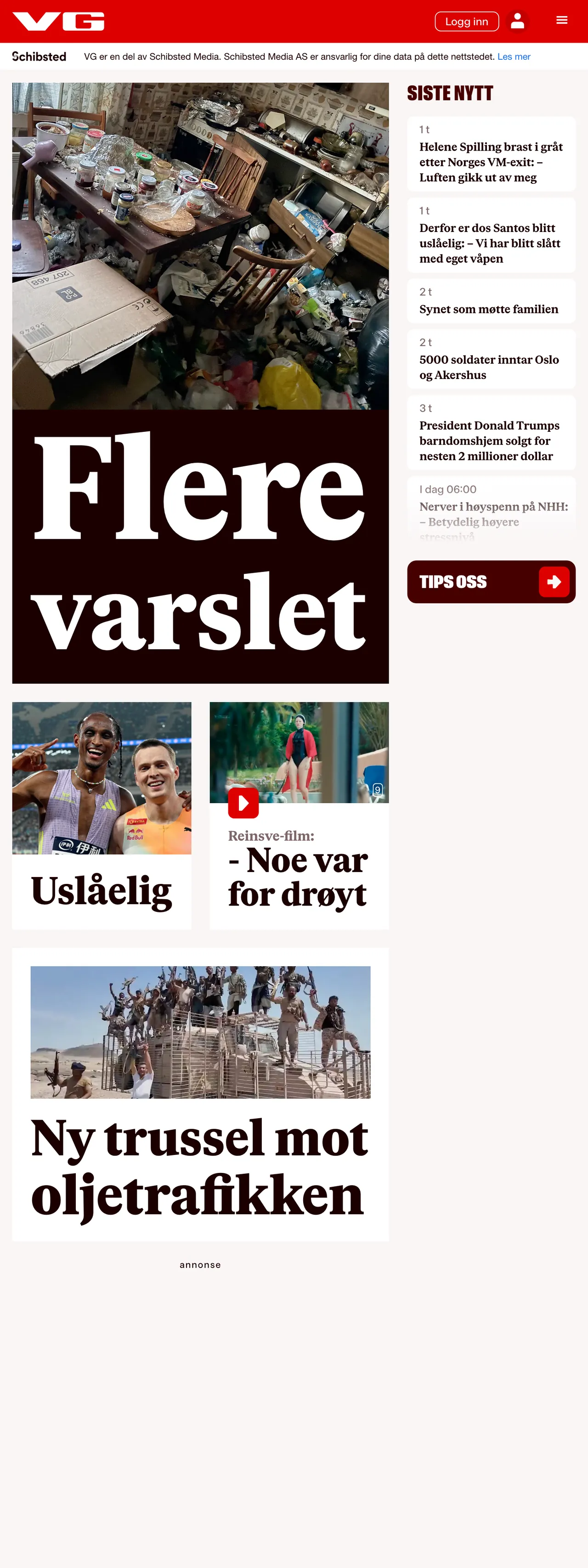 Screenshot of the VG front page