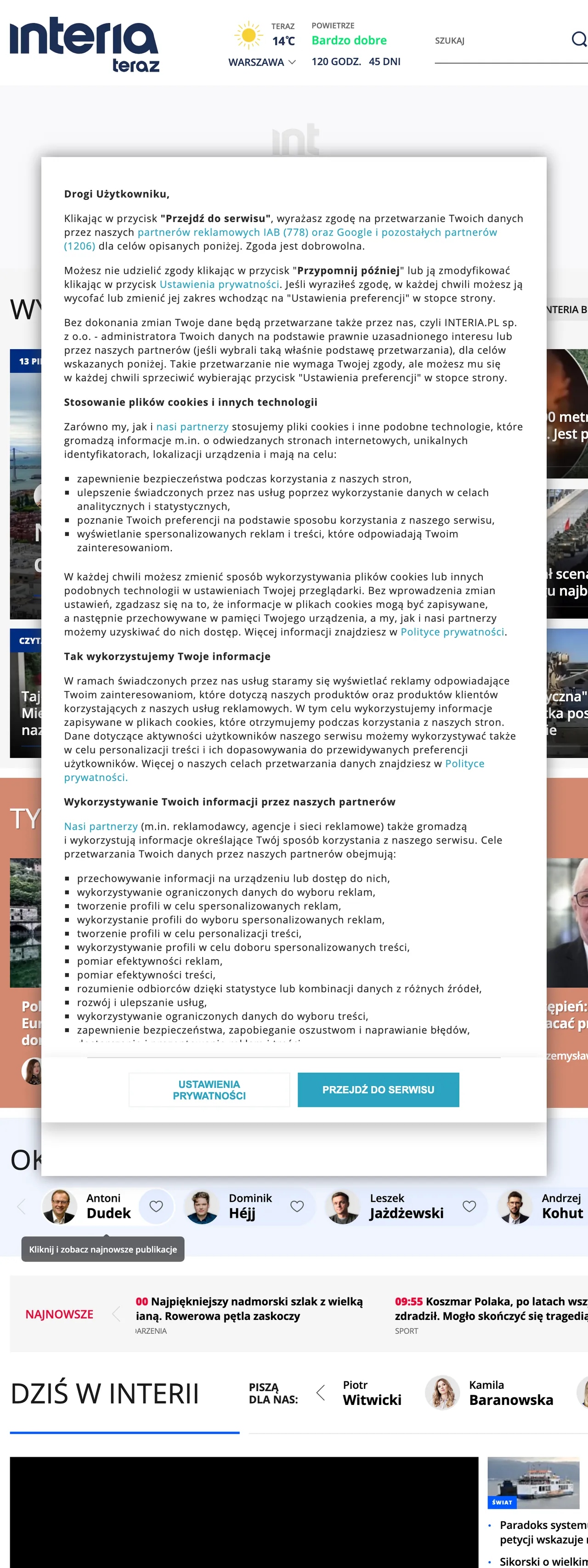 Screenshot of the Interia front page