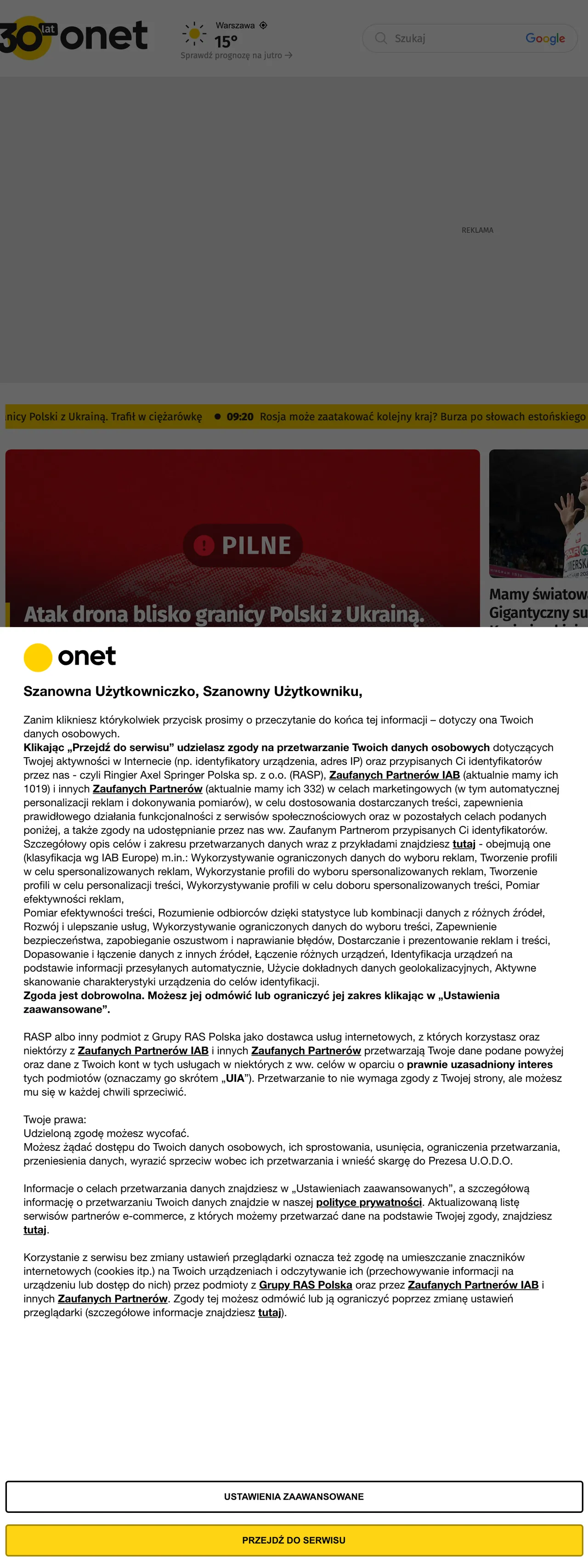 Screenshot of the Onet front page