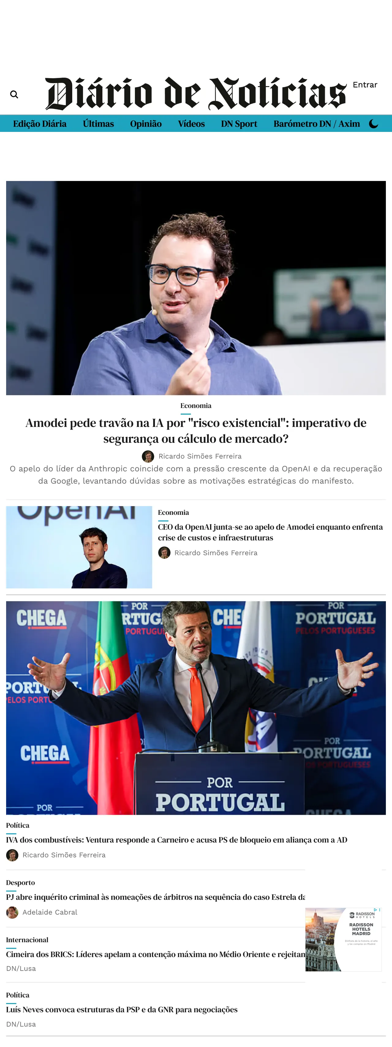 Screenshot of the Diário de Notícias front page