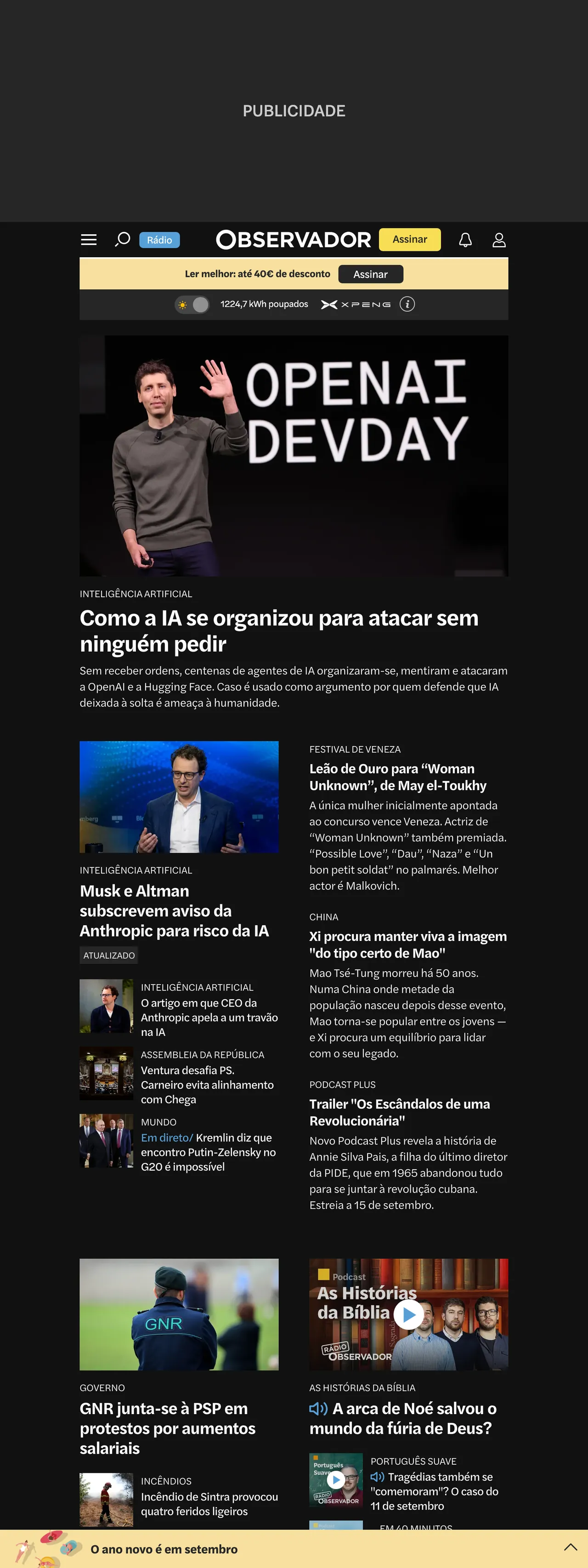 Screenshot of the Observador front page