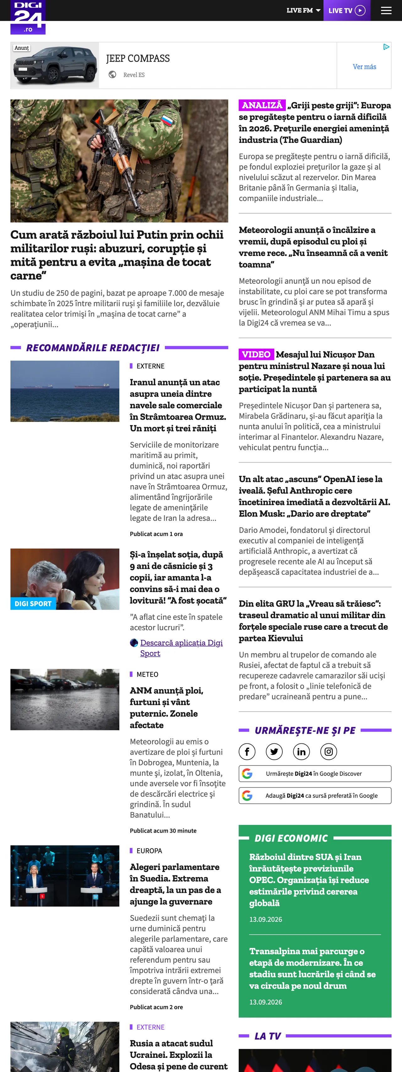 Screenshot of the Digi24 front page