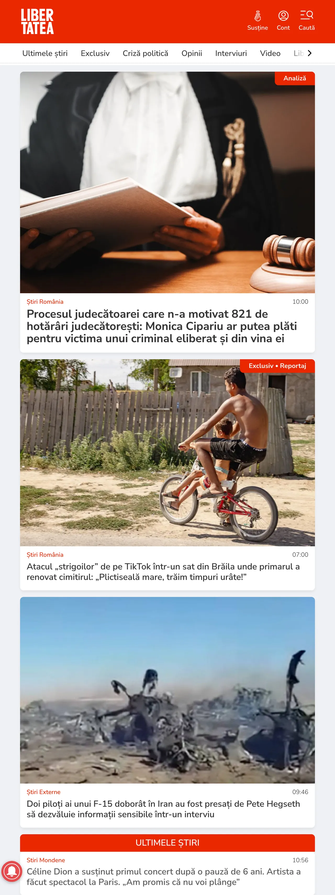 Screenshot of the Libertatea front page