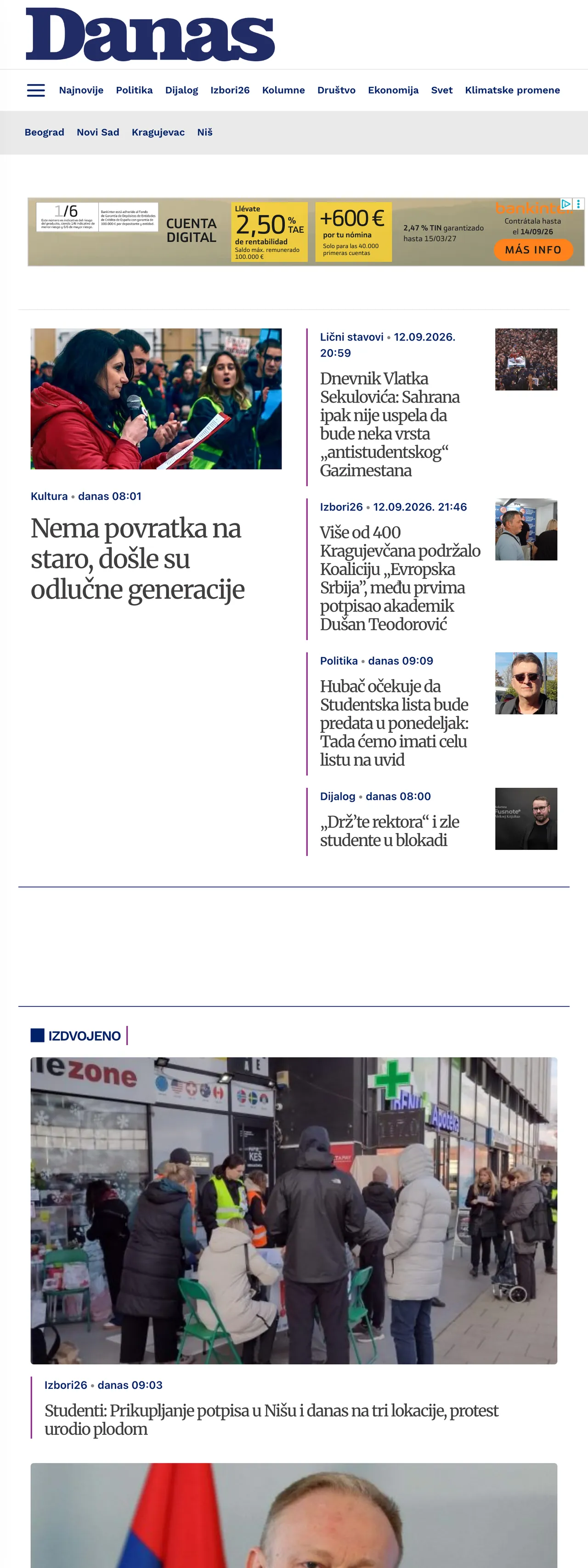 Screenshot of the Danas front page