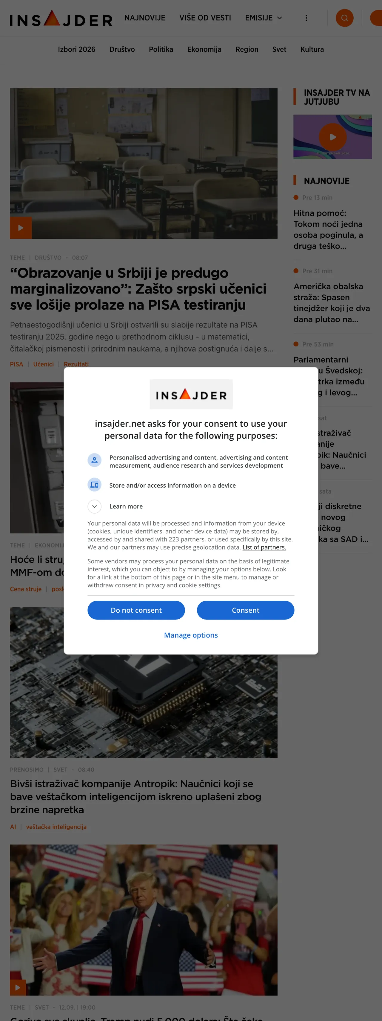 Screenshot of the Insajder front page