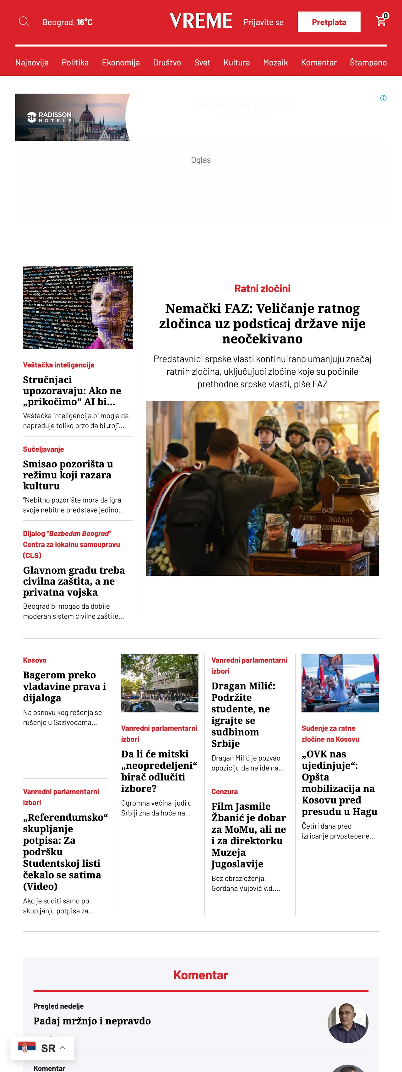 Screenshot of the Vreme front page